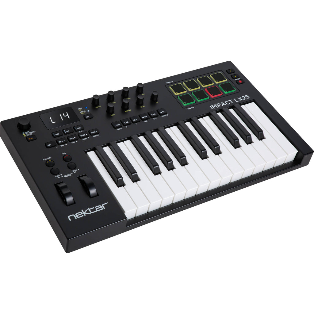 Nektar Impact LX25 MK3 MIDI keyboard with 25 keys, control knobs, and pads for music production and performance.