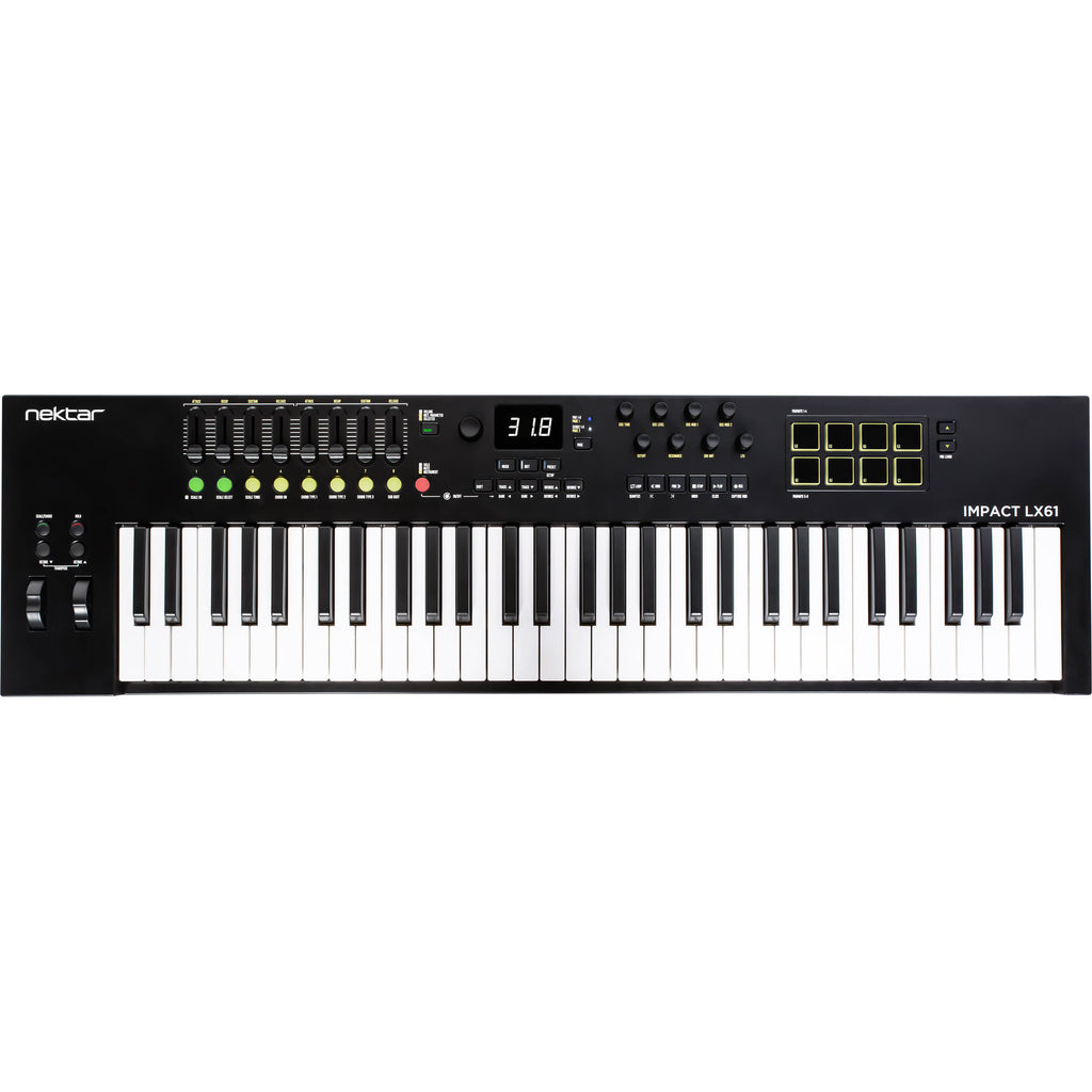 Nektar Impact LX61 MK3 MIDI keyboard with 61 keys, control knobs, and colorful pads on a white background.
