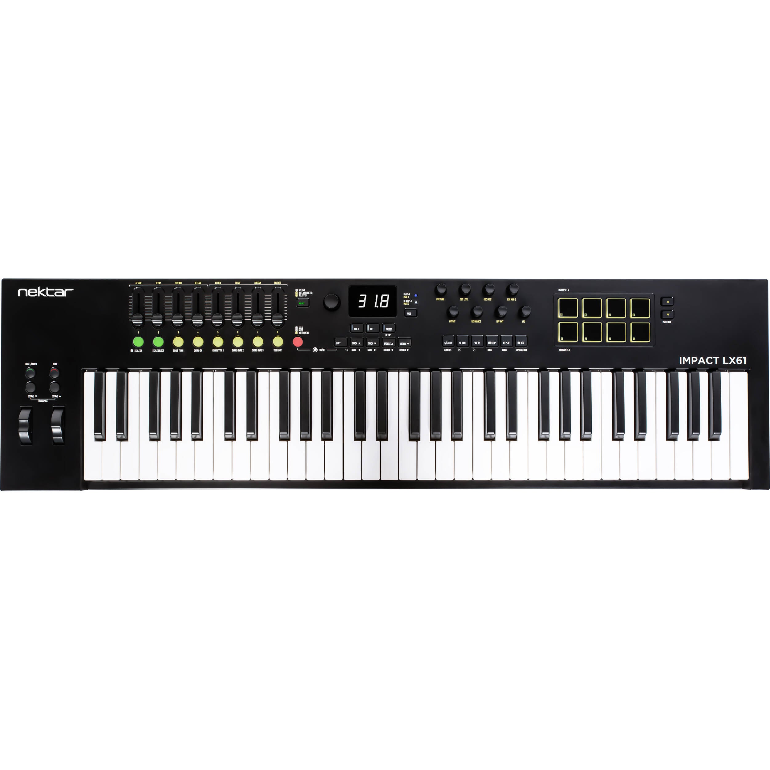 Nektar Impact LX61 MK3 MIDI keyboard with 61 keys, control knobs, and colorful pads on a white background.