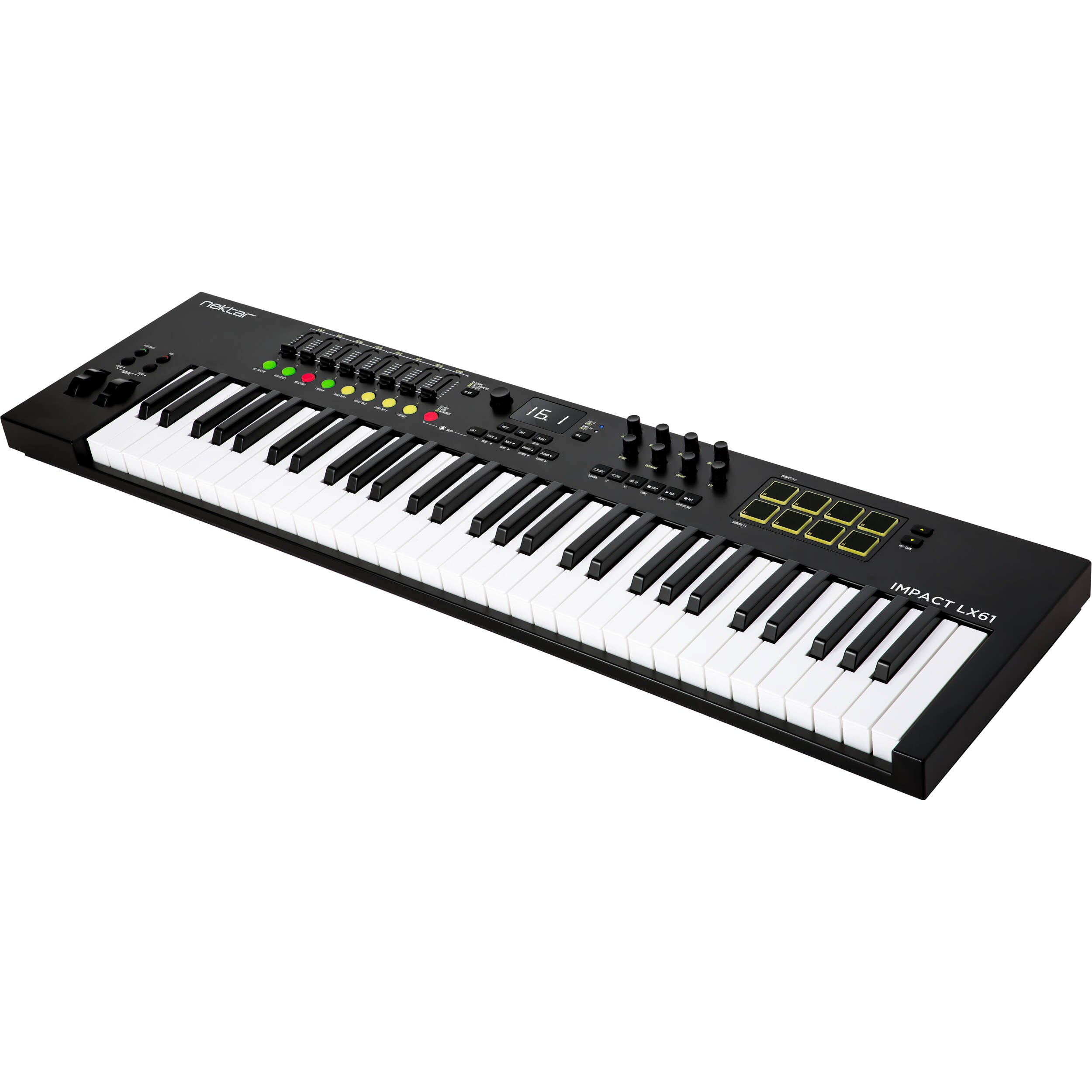 Nektar Impact LX61 MK3 midi keyboard with 61 keys, control knobs, and pitch bend wheel, on a white background.