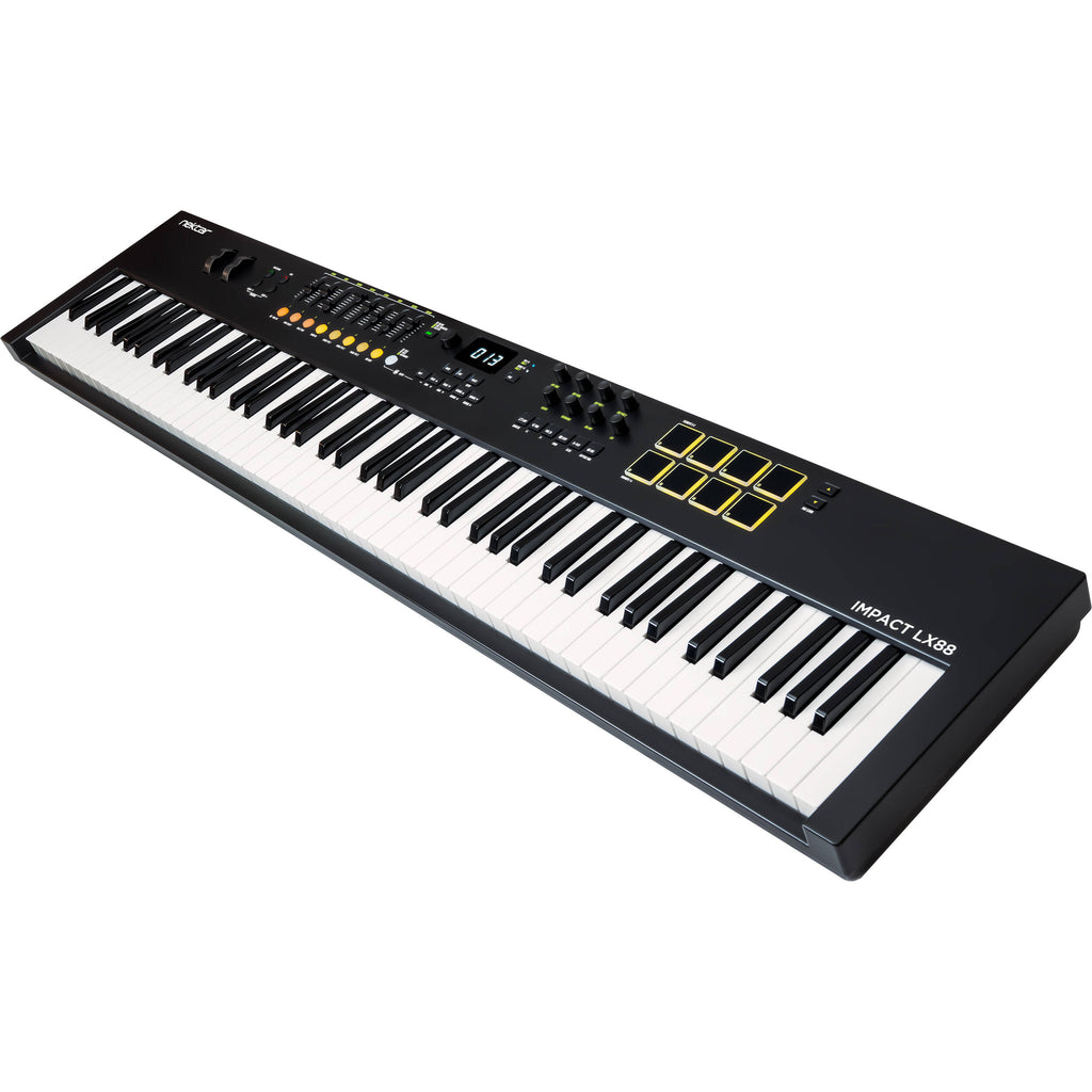 Nektar Impact LX88 MK3 MIDI keyboard with 88 keys, control knobs, and pitch/mod wheels for music production.