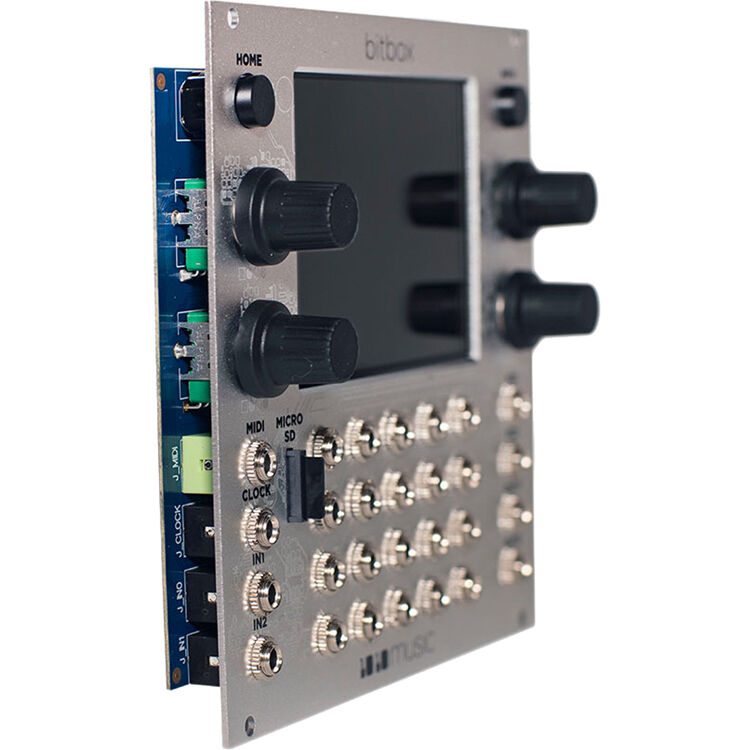 1010music Bitbox MK2 semi-modular synthesizer with control knobs and patch points, showcasing its compact design and colorful interface.