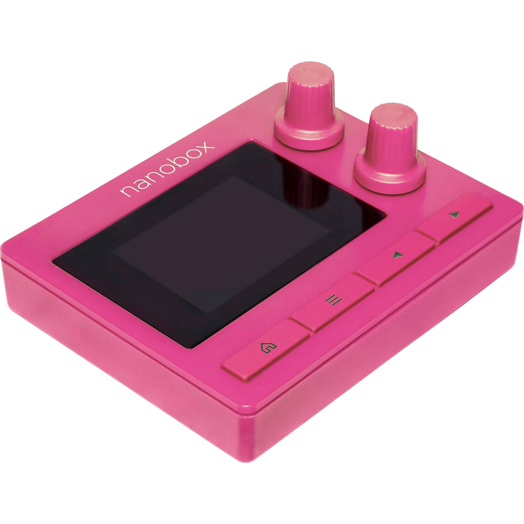 1010music Nanobox Razzmatazz drum machine with colorful knobs and buttons, compact electronic sampler for music production.