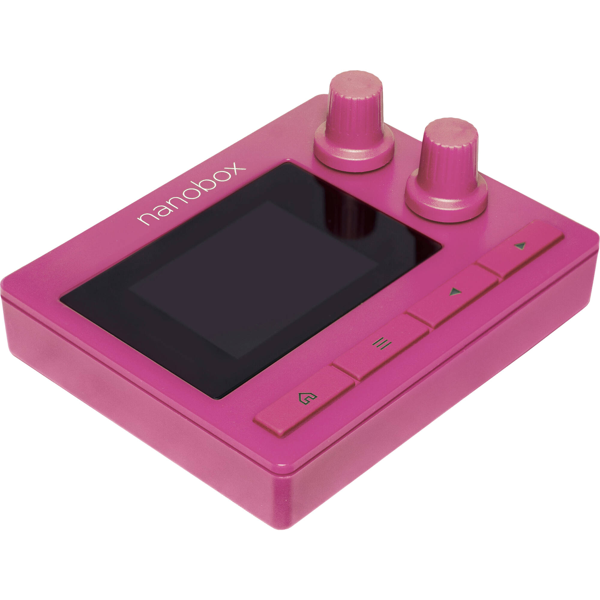 1010music Nanobox Razzmatazz drum machine with colorful knobs and buttons, compact electronic sampler for music production.