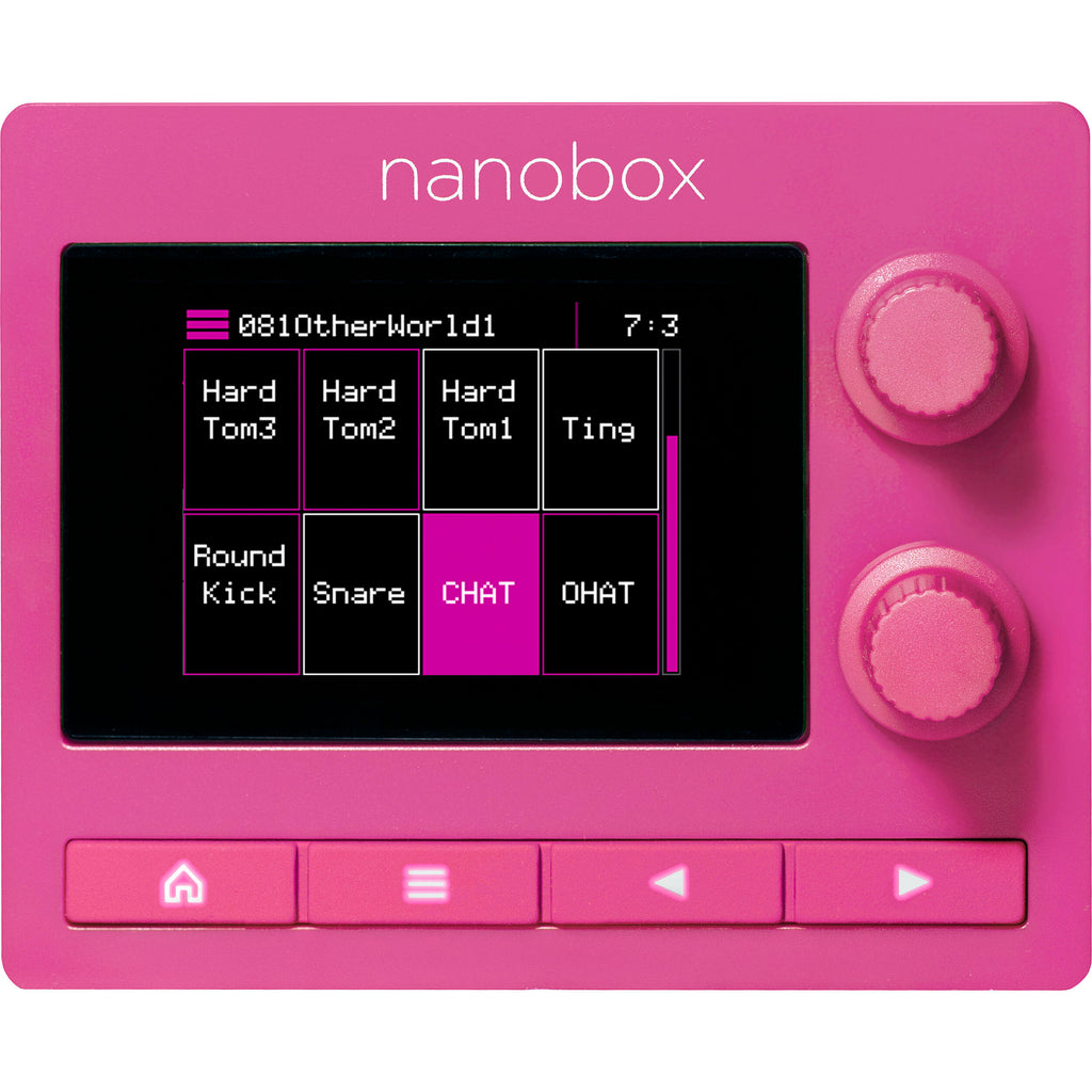 1010music Nanobox Razzmatazz drum machine with colorful control knobs and buttons, compact electronic music sampler and sequencer.