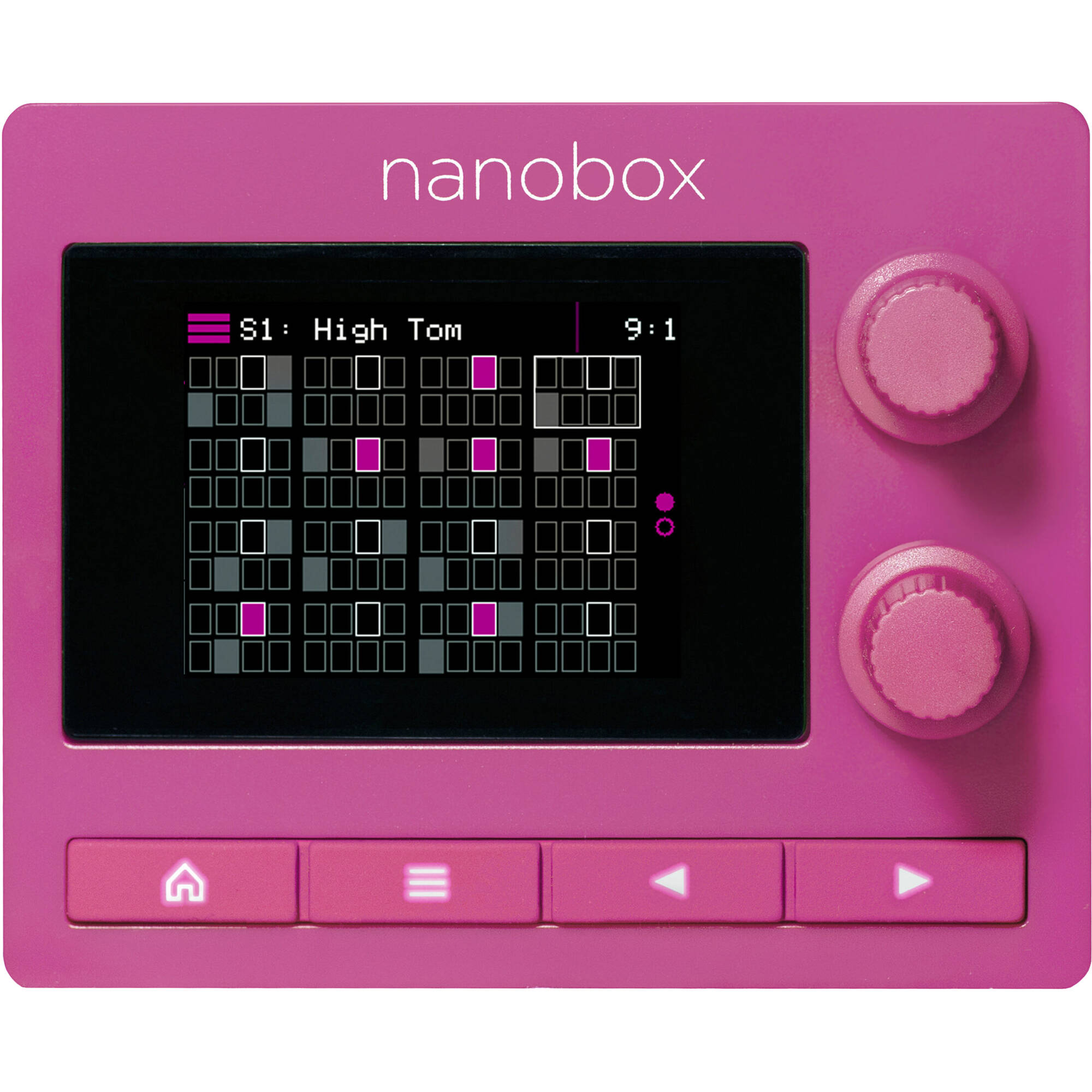 1010music Nanobox Razzmatazz drum machine and sampler with colorful controls and compact design for electronic music production.