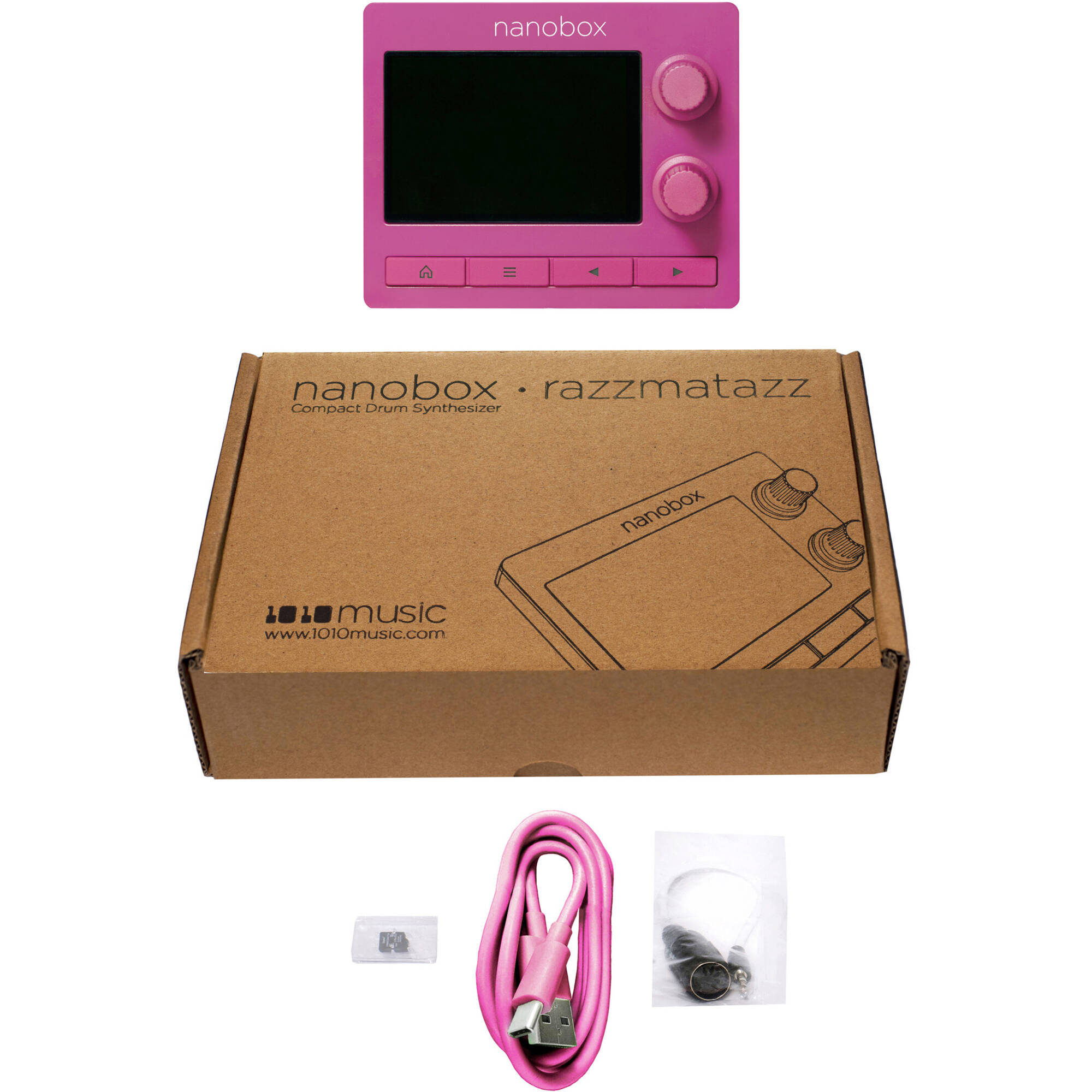 1010music Nanobox Razzmatazz drum machine with colorful pad interface and knobs for beat production and sampling.