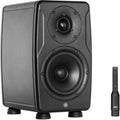 IK Multimedia iLoud Precision 5 MK2 active nearfield monitors with sleek black finish and front control panel.
