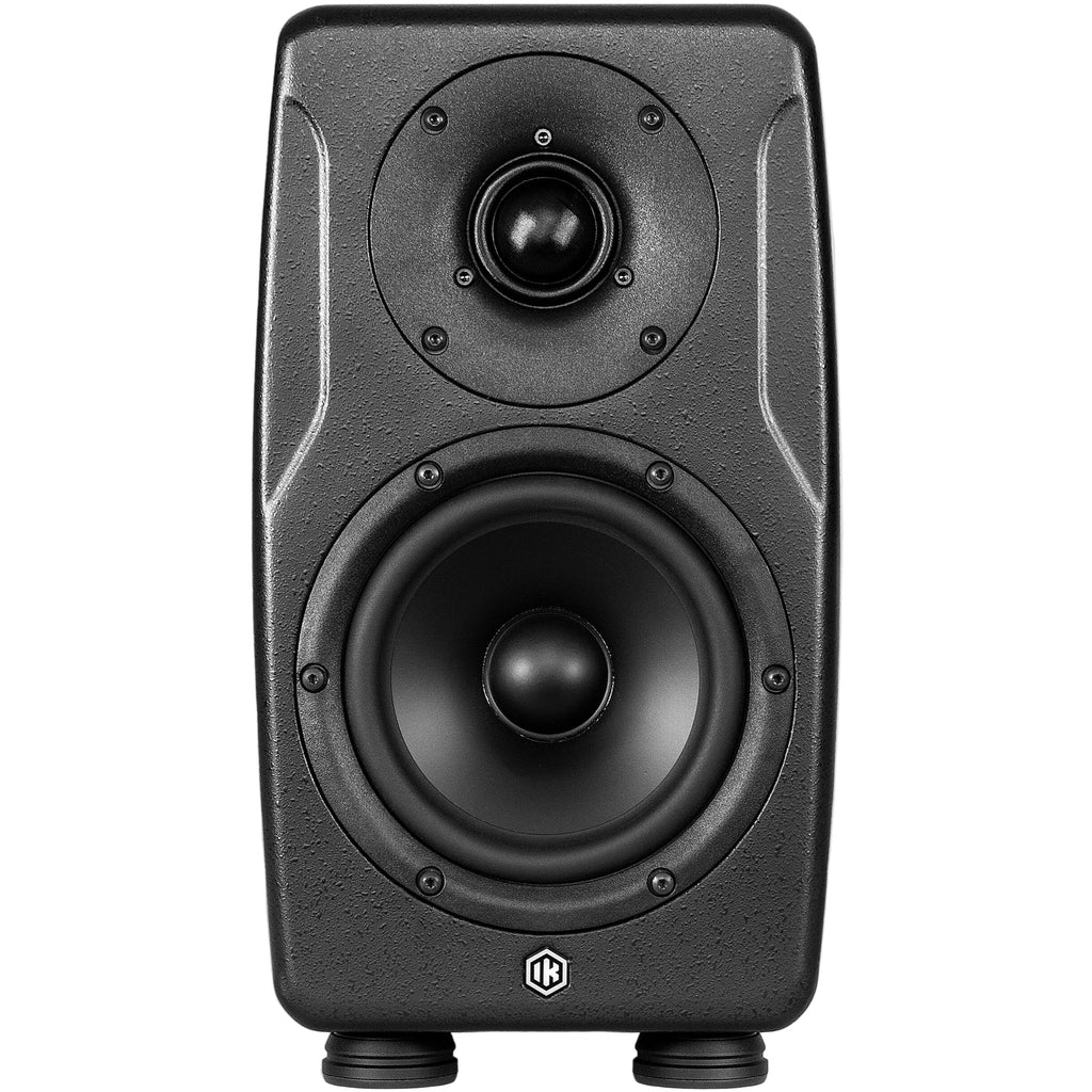 IK Multimedia iLoud Precision 5 MK2 active nearfield monitor with sleek black enclosure and front speaker grille.