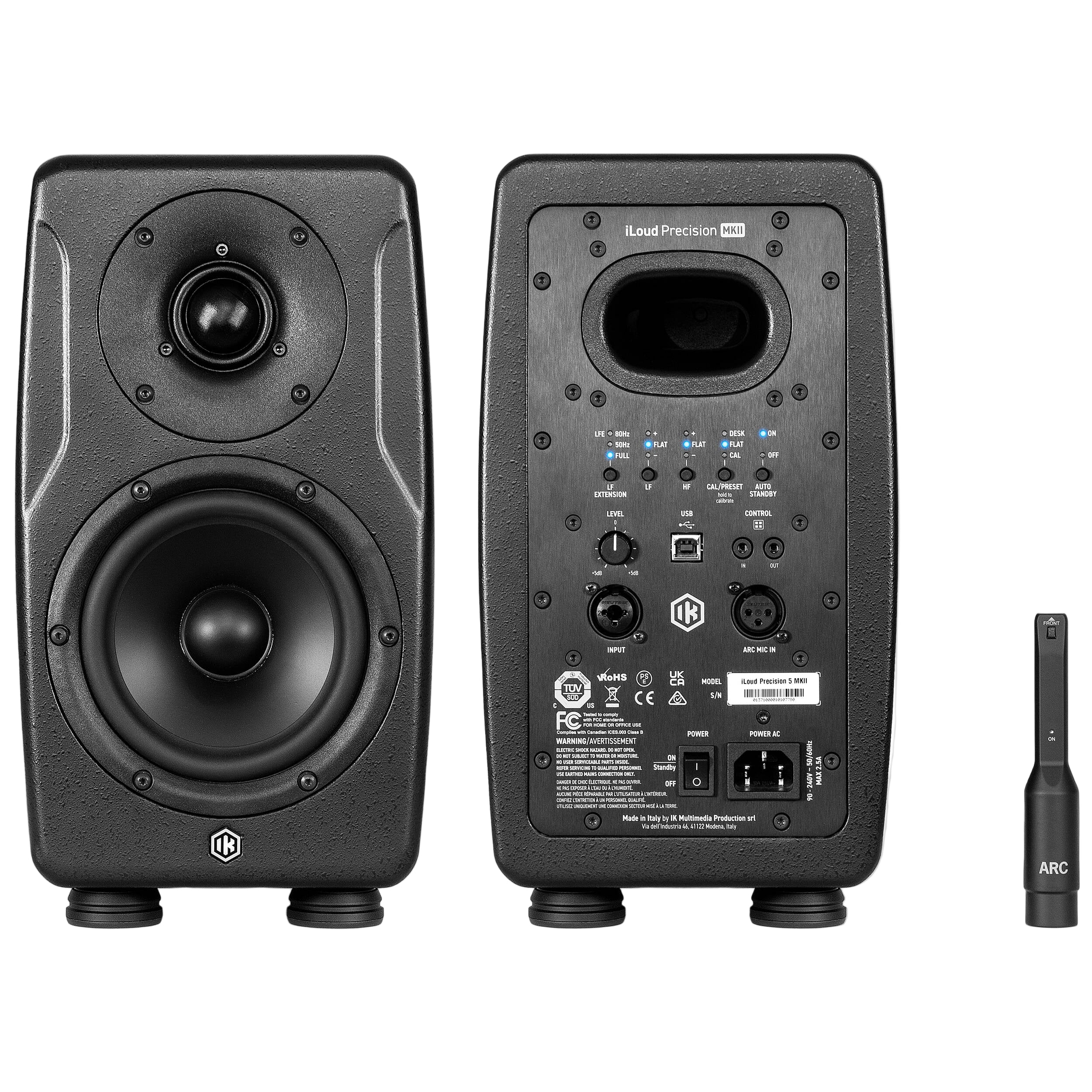 IK Multimedia iLoud Precision 5 MK2 active nearfield monitor speaker with black enclosure and control knobs visible.