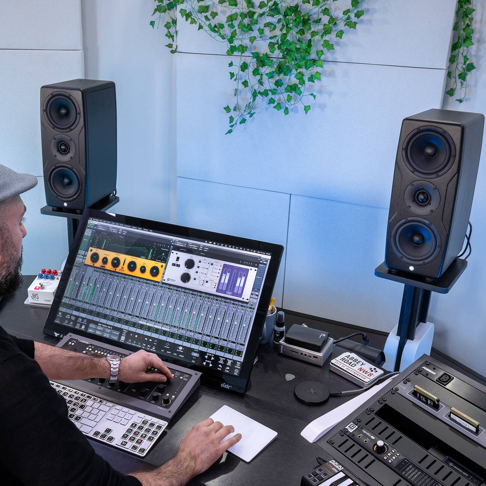 IK Multimedia iLoud Precision MTM MK2 active nearfield monitors shown on a studio desk with control knobs and speaker grills.