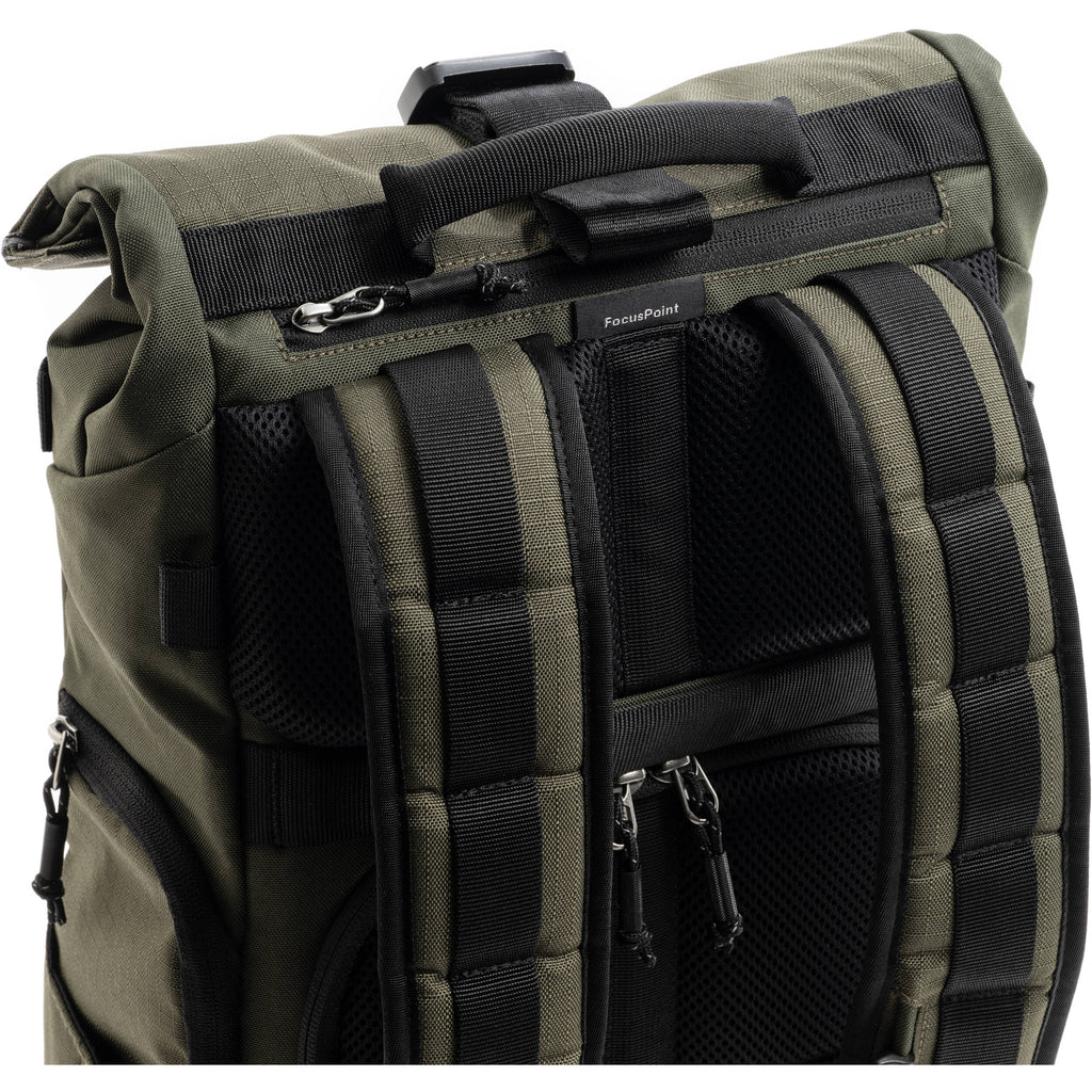 Think Tank FocusPoint RollTop video equipment bag with padded compartments and adjustable straps for professional camera gear storage.