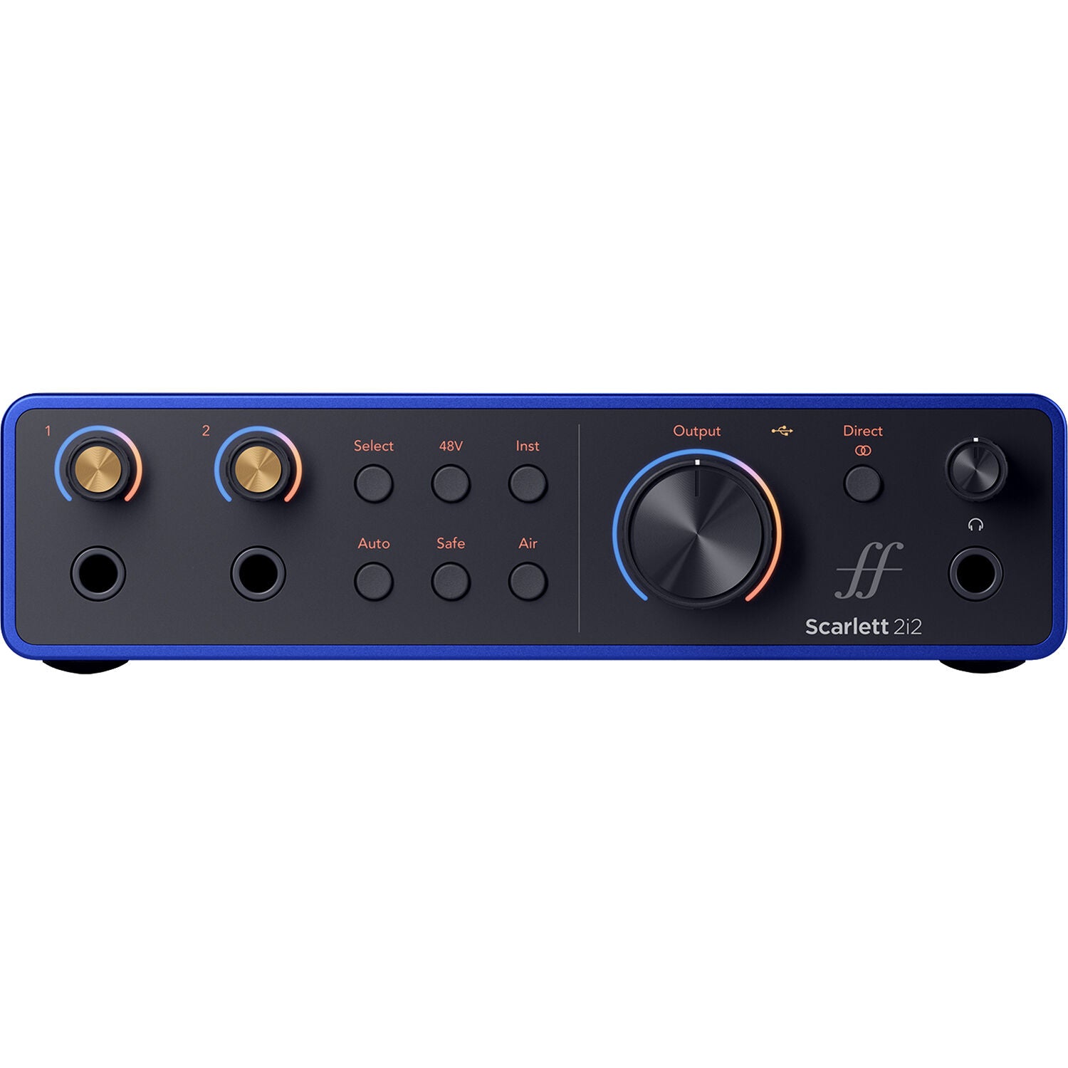 Focusrite Scarlett 2i2 4th Gen Anniversary Edition audio interface with compact design and colorful LED indicators.