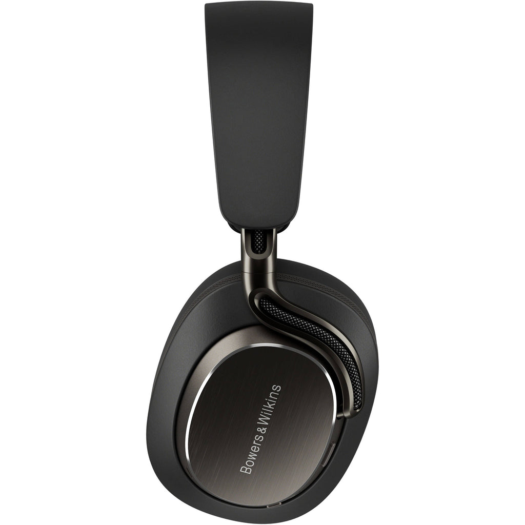 Bowers & Wilkins Px8 S2 wireless headphones with sleek black design and padded ear cups, shown from a side angle.