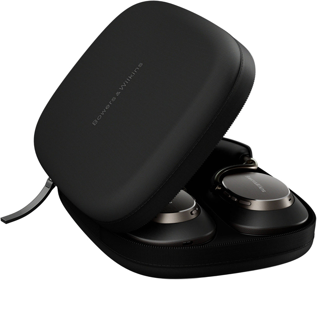 Bowers & Wilkins Px8 S2 wireless headphones with sleek black design and plush ear cushions, showing the over-ear fit and branding.