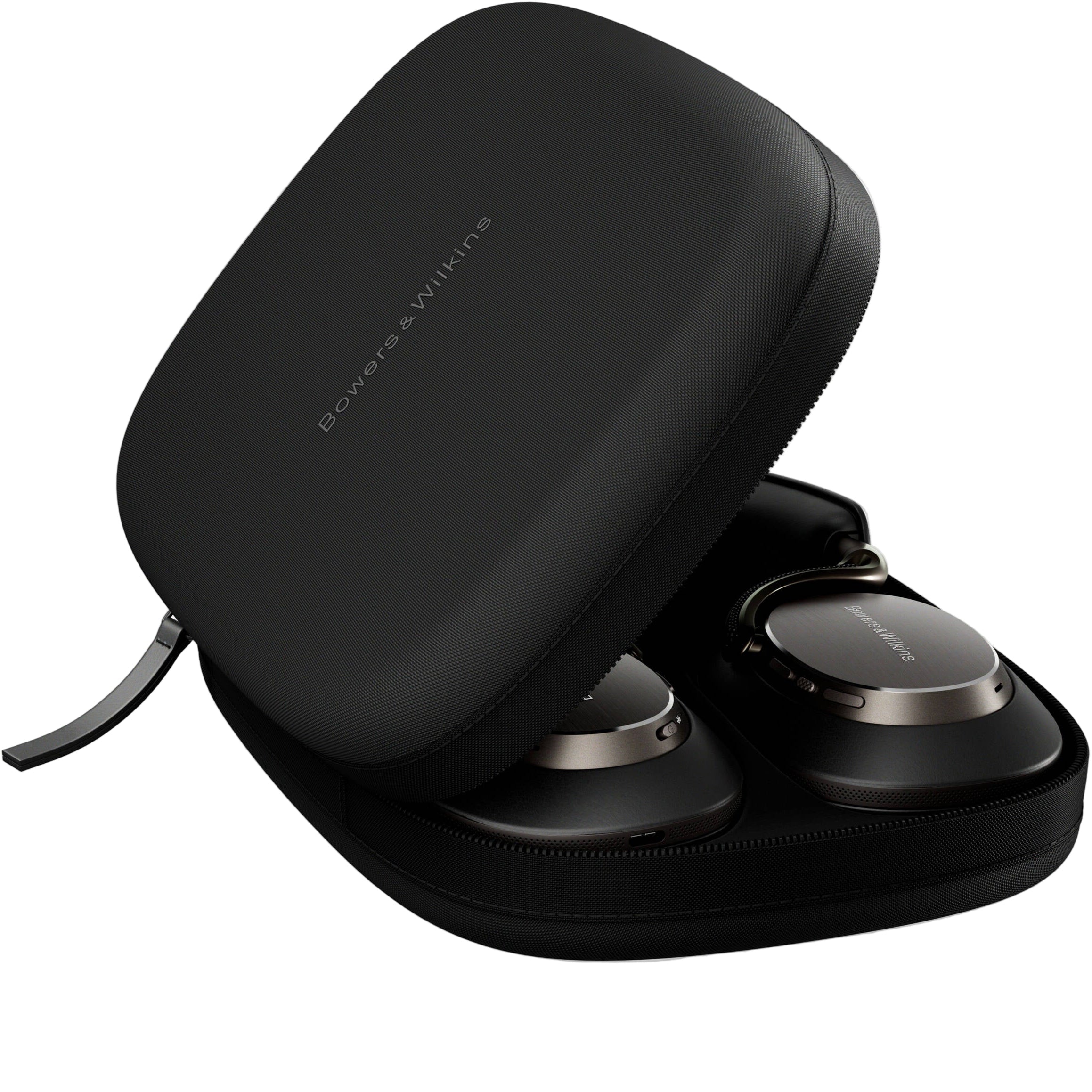 Bowers & Wilkins Px8 S2 wireless headphones with sleek black design and plush ear cushions, showing the over-ear fit and branding.