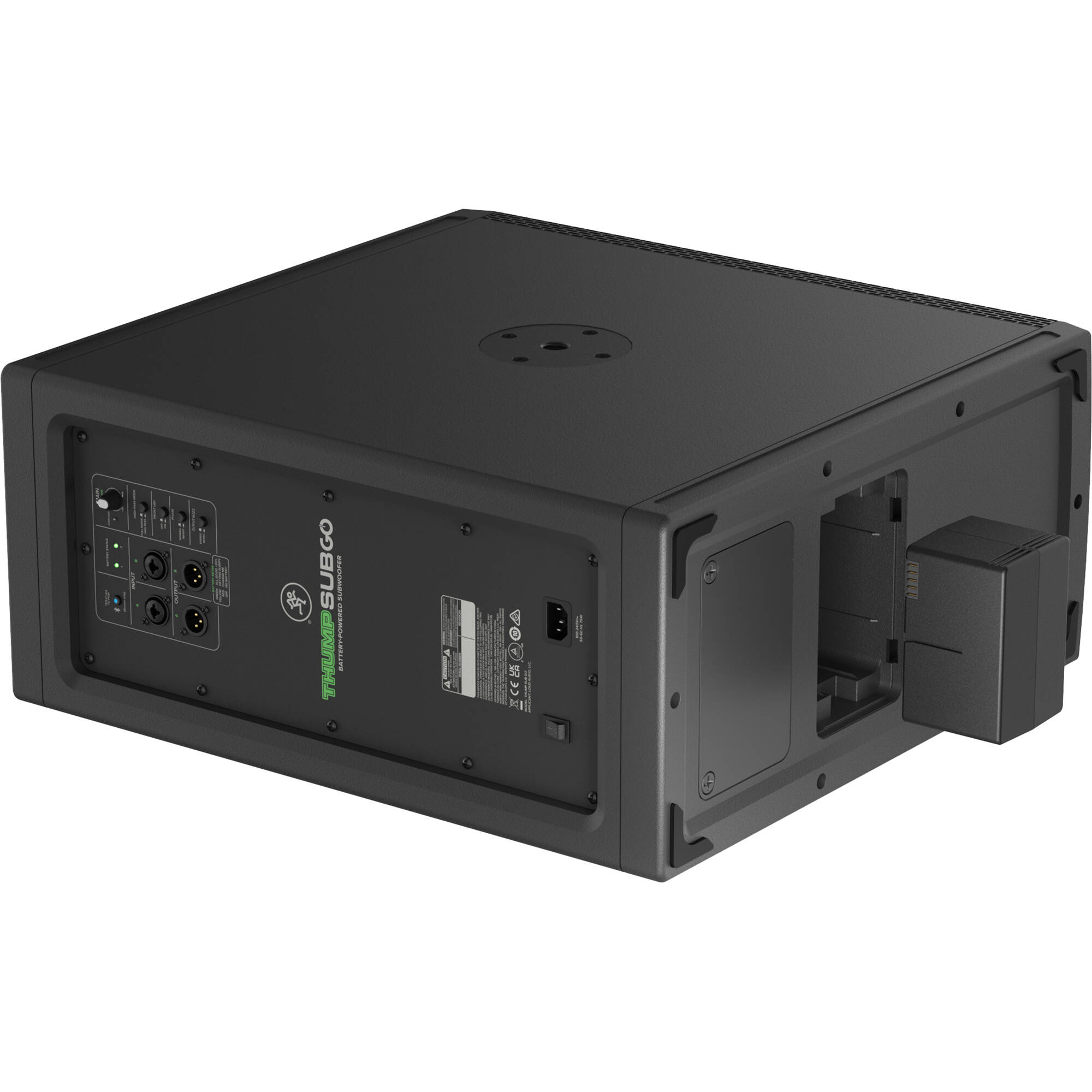 Mackie ThumpSub GO portable subwoofer with rugged design and integrated handles, ideal for live sound and DJ setups.