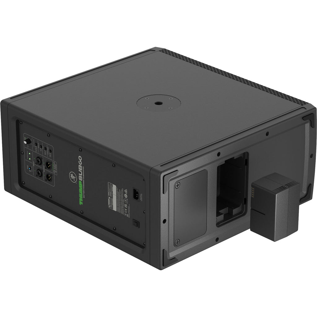 Mackie ThumpSub GO portable subwoofer with rugged design and control panel, designed for powerful bass in live sound setups.
