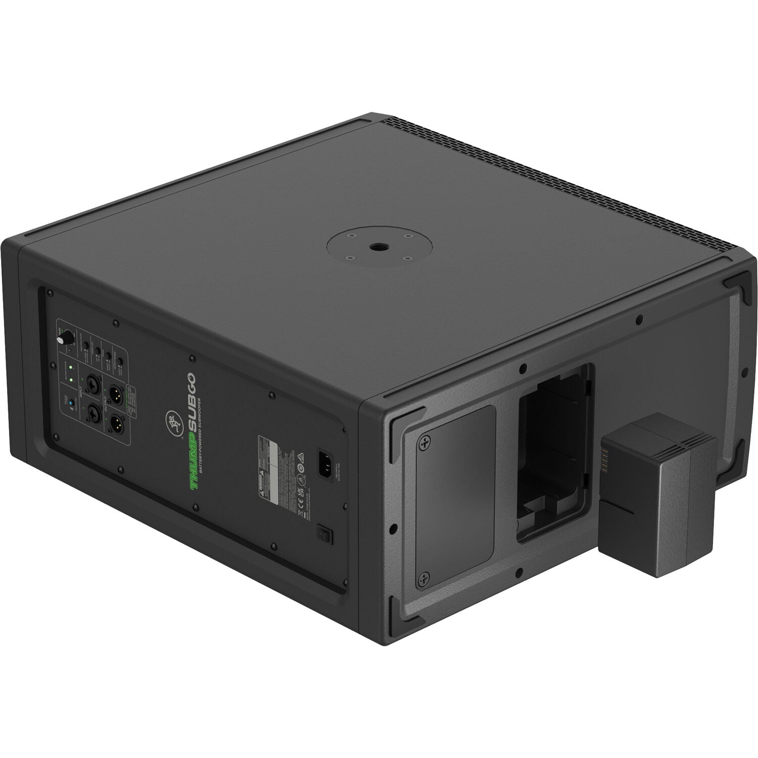 Mackie ThumpSub GO portable subwoofer with rugged design and control panel, designed for powerful bass in live sound setups.