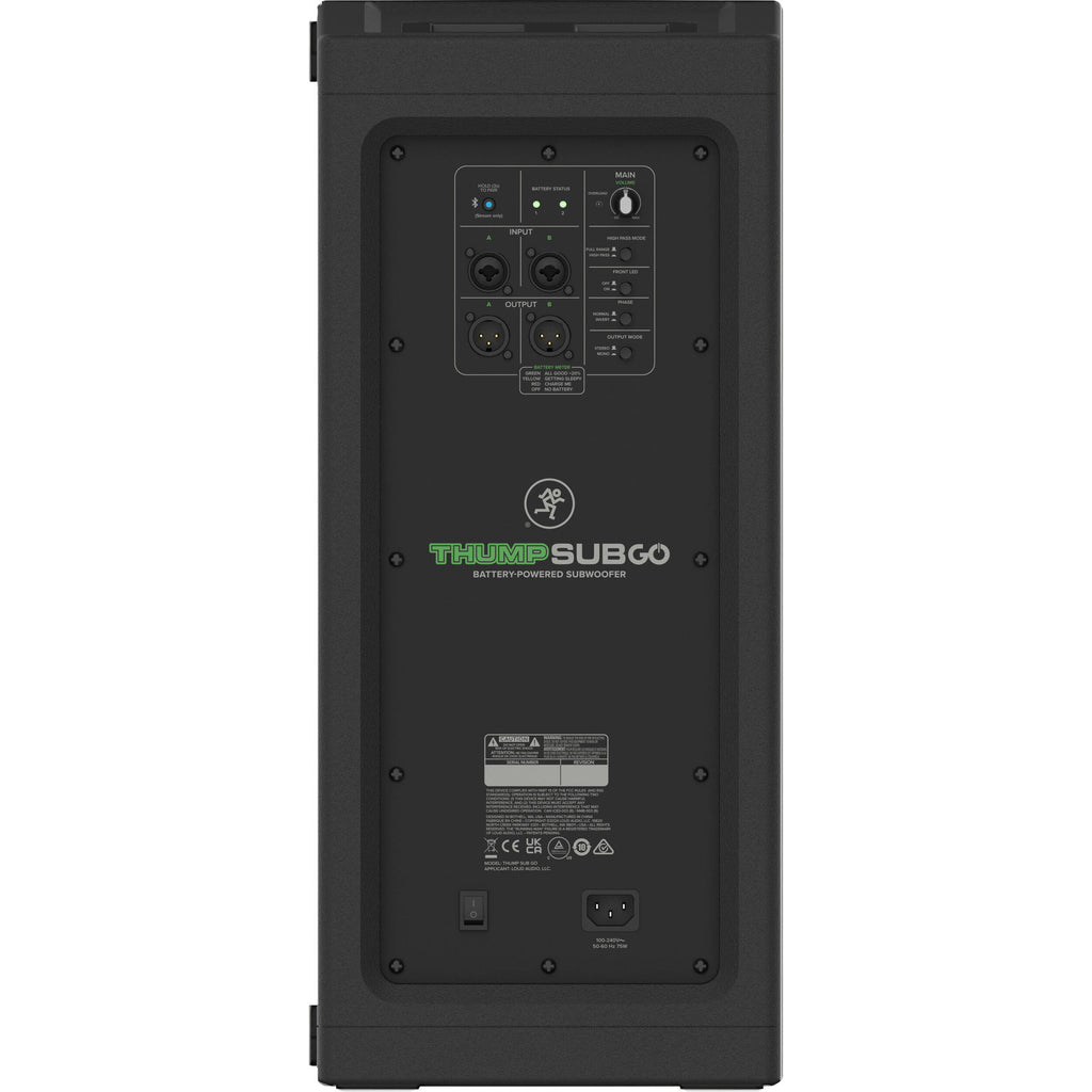 Mackie ThumpSub GO portable subwoofer with compact design and built-in handle, ideal for enhanced bass in live sound setups.