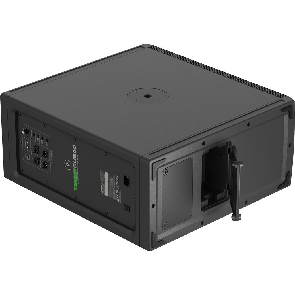 Mackie ThumpSub GO portable subwoofer with built-in handle and control panel, designed for enhanced bass in live sound setups.