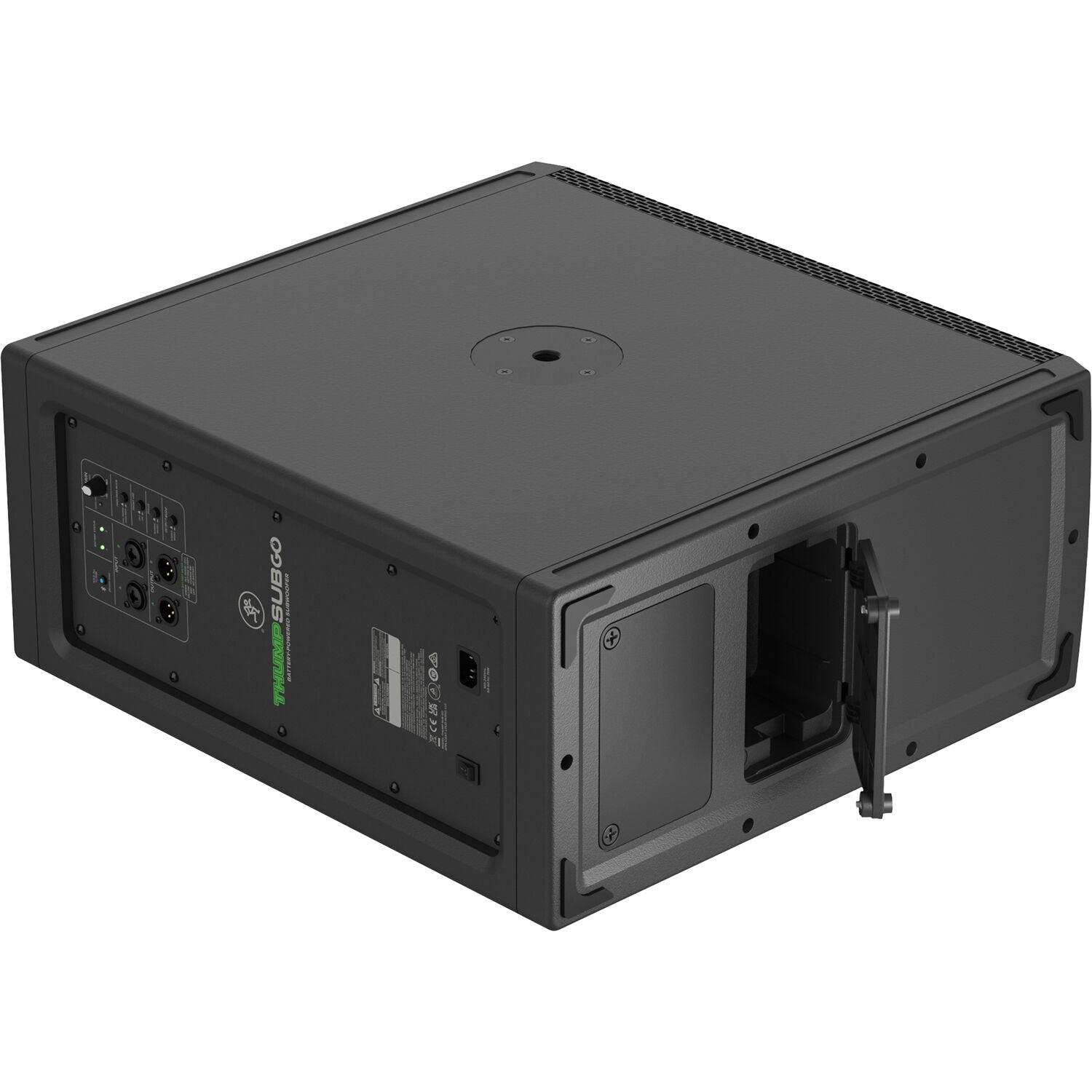 Mackie ThumpSub GO portable subwoofer with built-in handle and control panel, designed for enhanced bass in live sound setups.