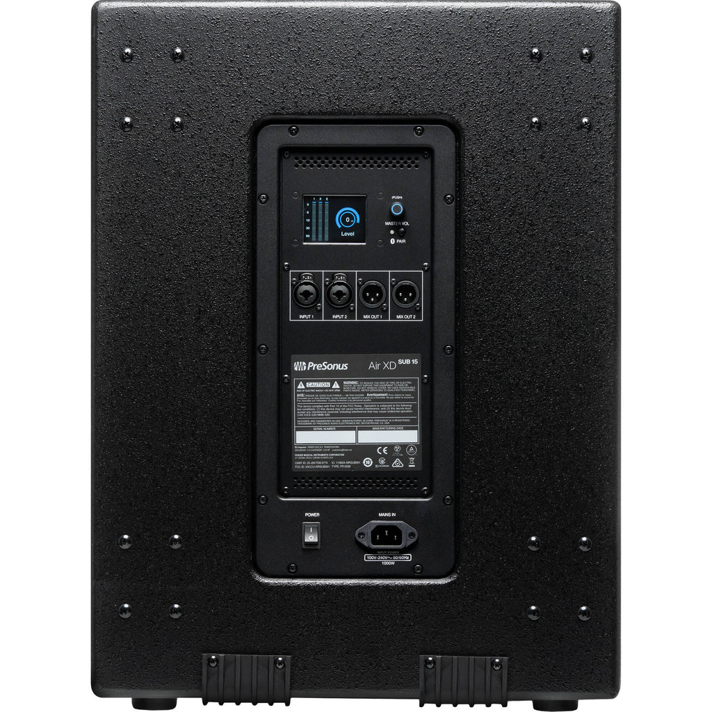 Presonus Air XD Sub 15 active subwoofer with black enclosure, front grille, and control panel for enhanced bass sound.