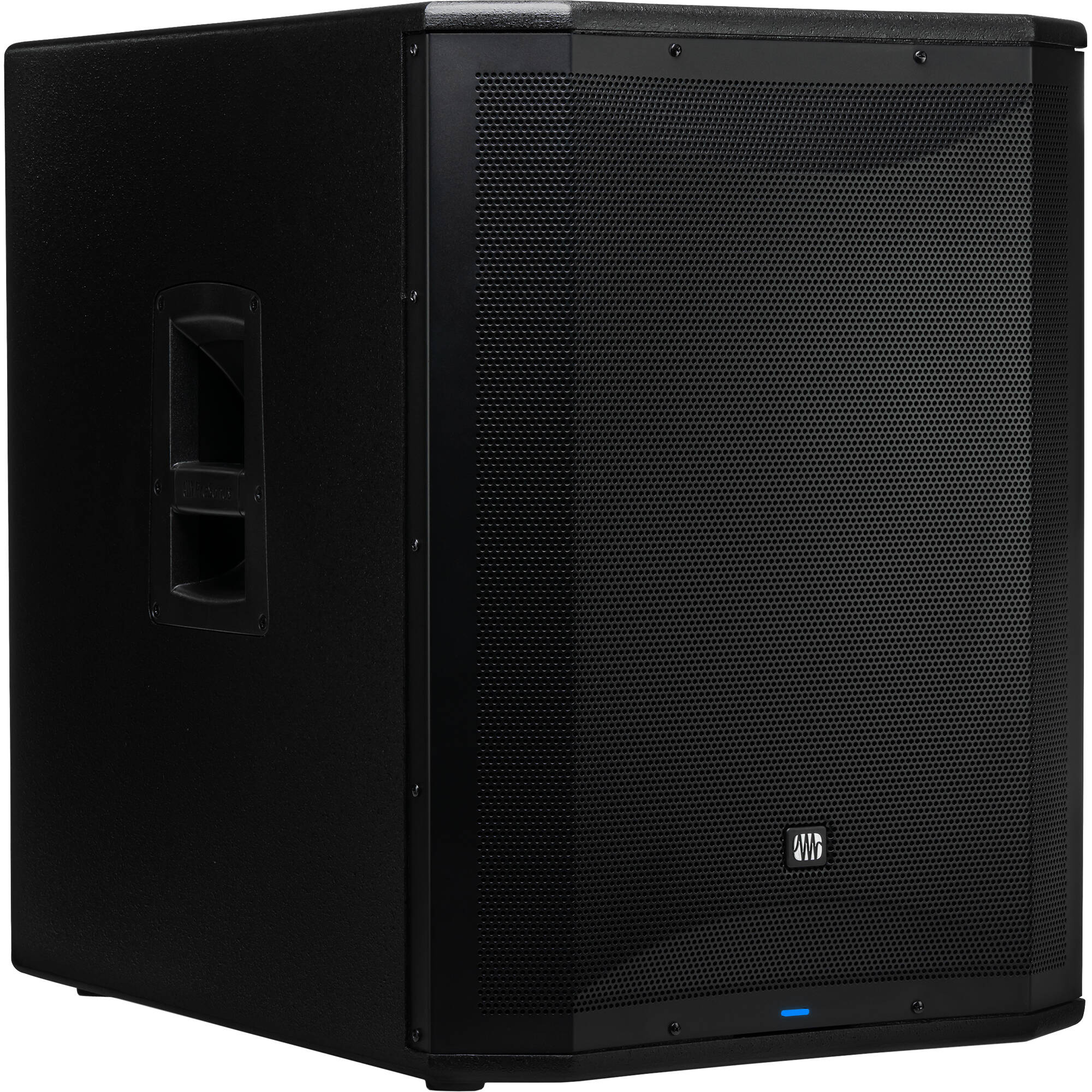 Presonus Air XD Sub 18 active subwoofer with large speaker cone and control panel, designed for powerful bass in audio setups.