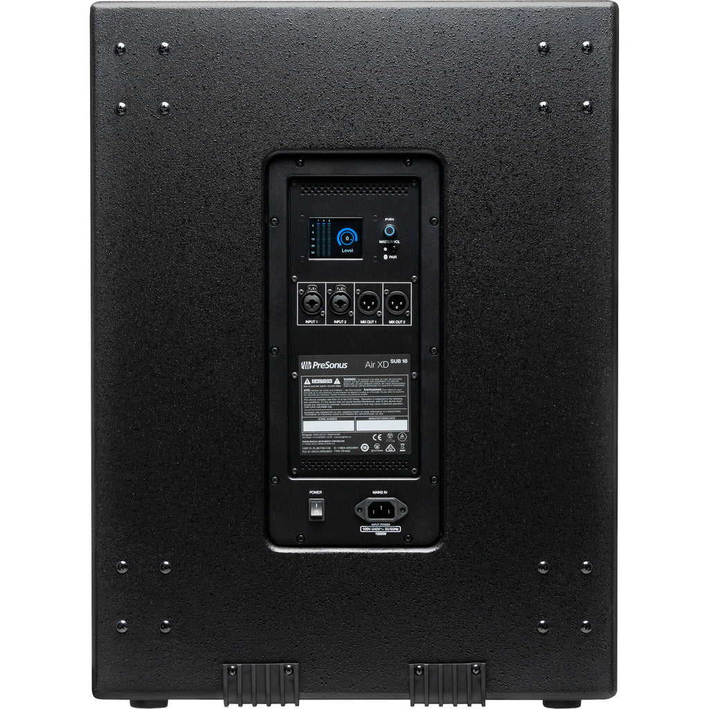 Presonus Air XD Sub 18 active subwoofer with large speaker driver and control panel, designed for powerful bass amplification.