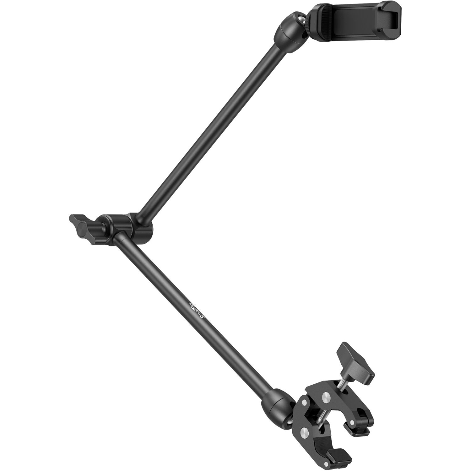 SmallRig desktop magic arm with crab-shaped clamp attached to a camera rig, showing versatile support for lighting or accessories.