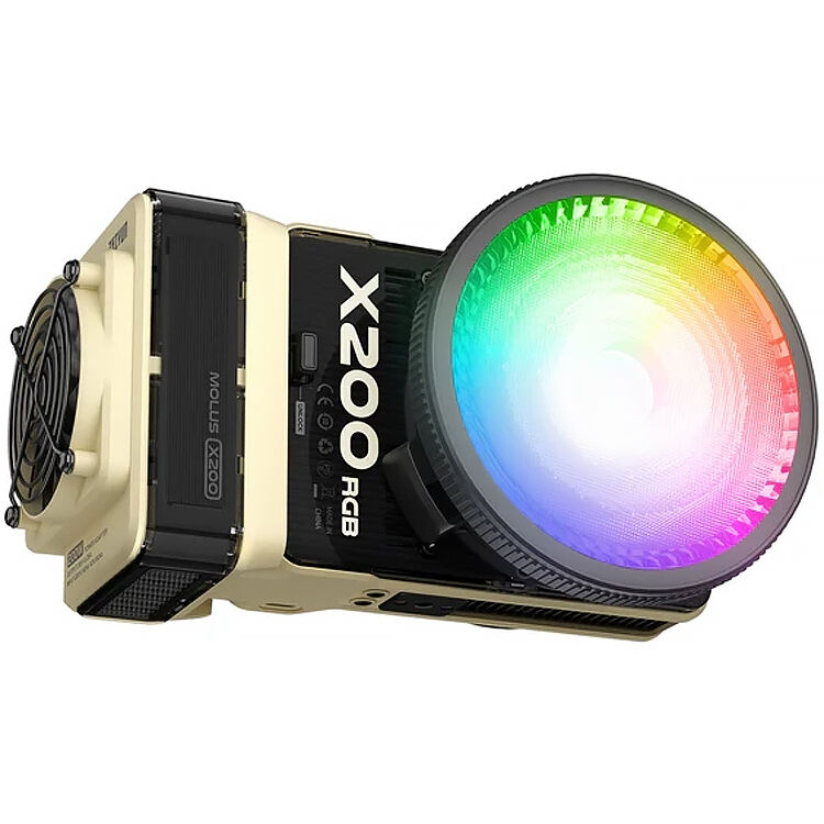 Zhiyun Molus LED X200 RGB COB light combo showing adjustable RGB color options and compact design for professional lighting.