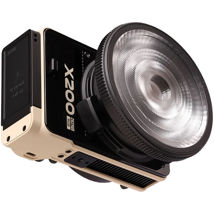 Zhiyun Molus LED X200 RGB COB light combo displaying adjustable RGB colors and brightness settings on a professional lighting panel.