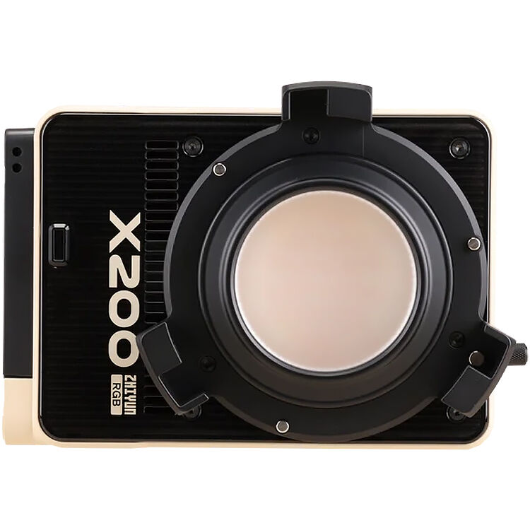 Zhiyun Molus LED X200 RGB Cob Light Combo showing adjustable RGB color settings and compact design for professional lighting.