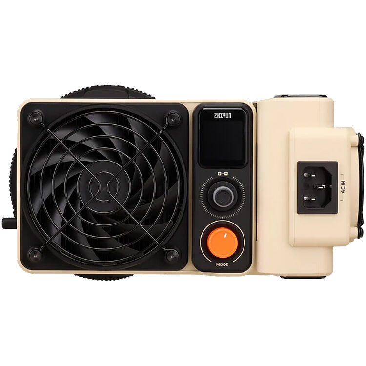 Zhiyun crane 2 stabilizer with fan and control panel on a white background