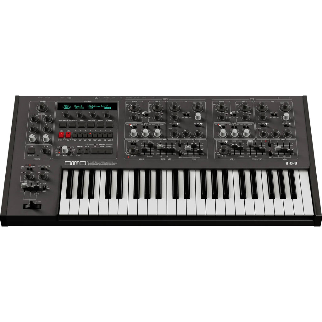 UDO Audio DMNO keyboard synthesizer with black keys and control knobs, shown from a front angle.