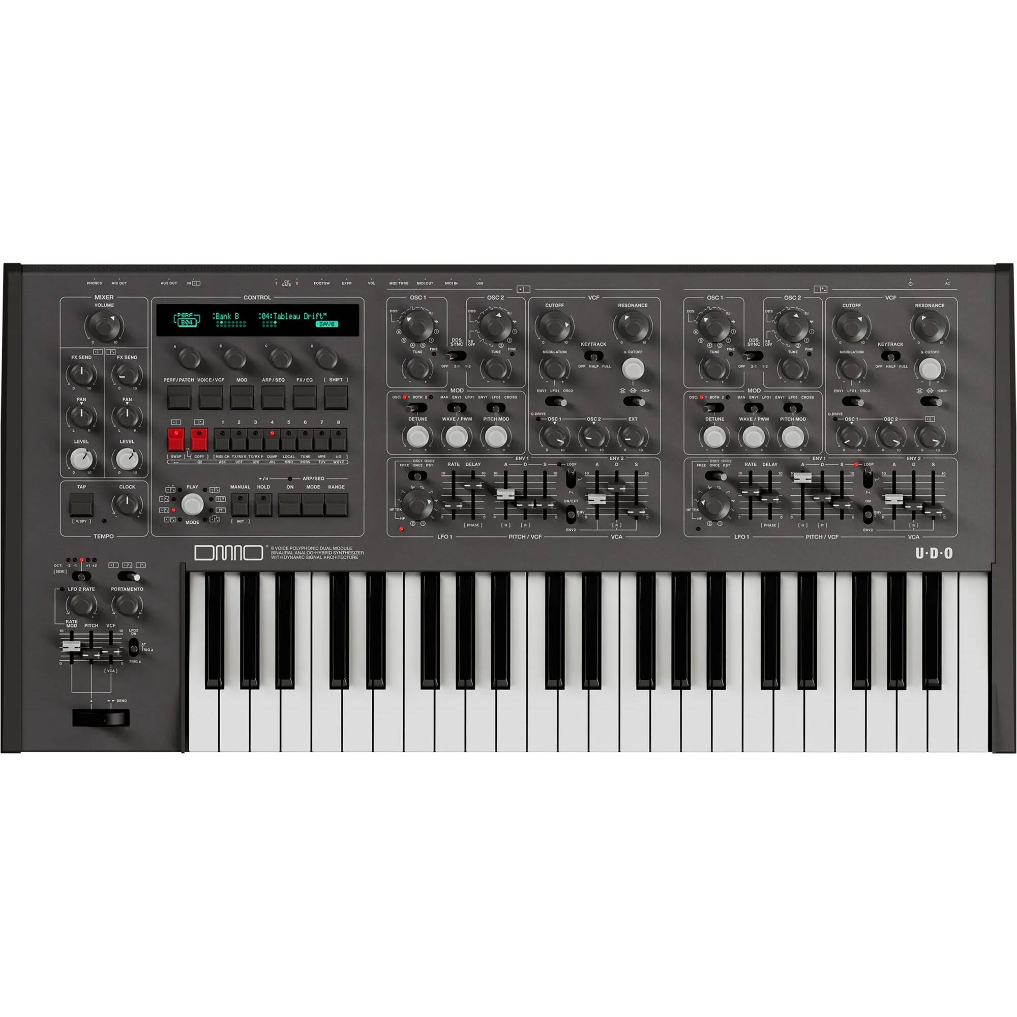 UDO Audio DMNO keyboard synthesizer with black keys and control knobs, showing front panel and key layout.