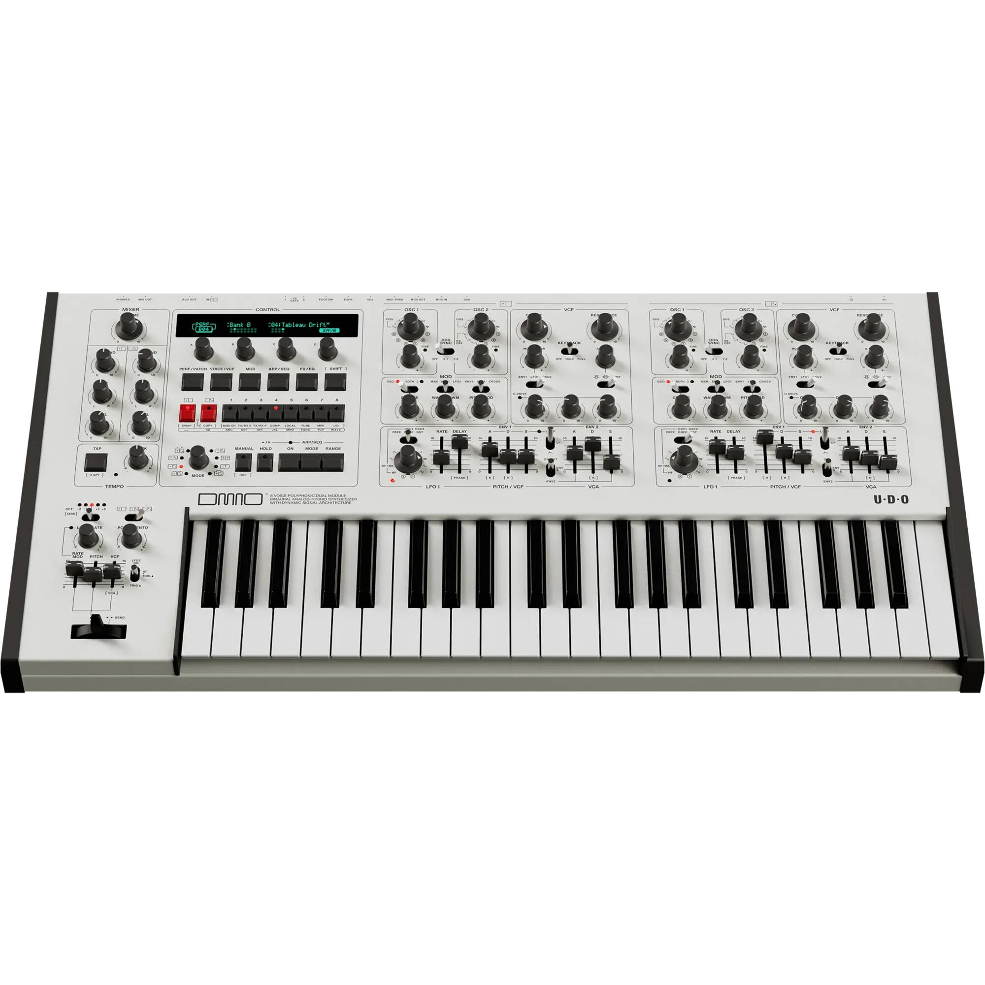 UDO Audio DMNO keyboard synthesizer with black keys and control knobs, showcasing its sleek design and compact form.