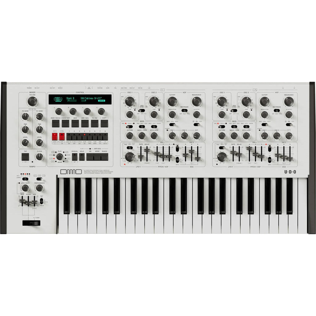 UDO Audio DMNO keyboard synthesizer with modern design, featuring multiple control knobs and a sleek black finish.