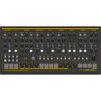 Erica Synths Hexdrums drum machine with colorful pads and controls, designed for electronic music production.