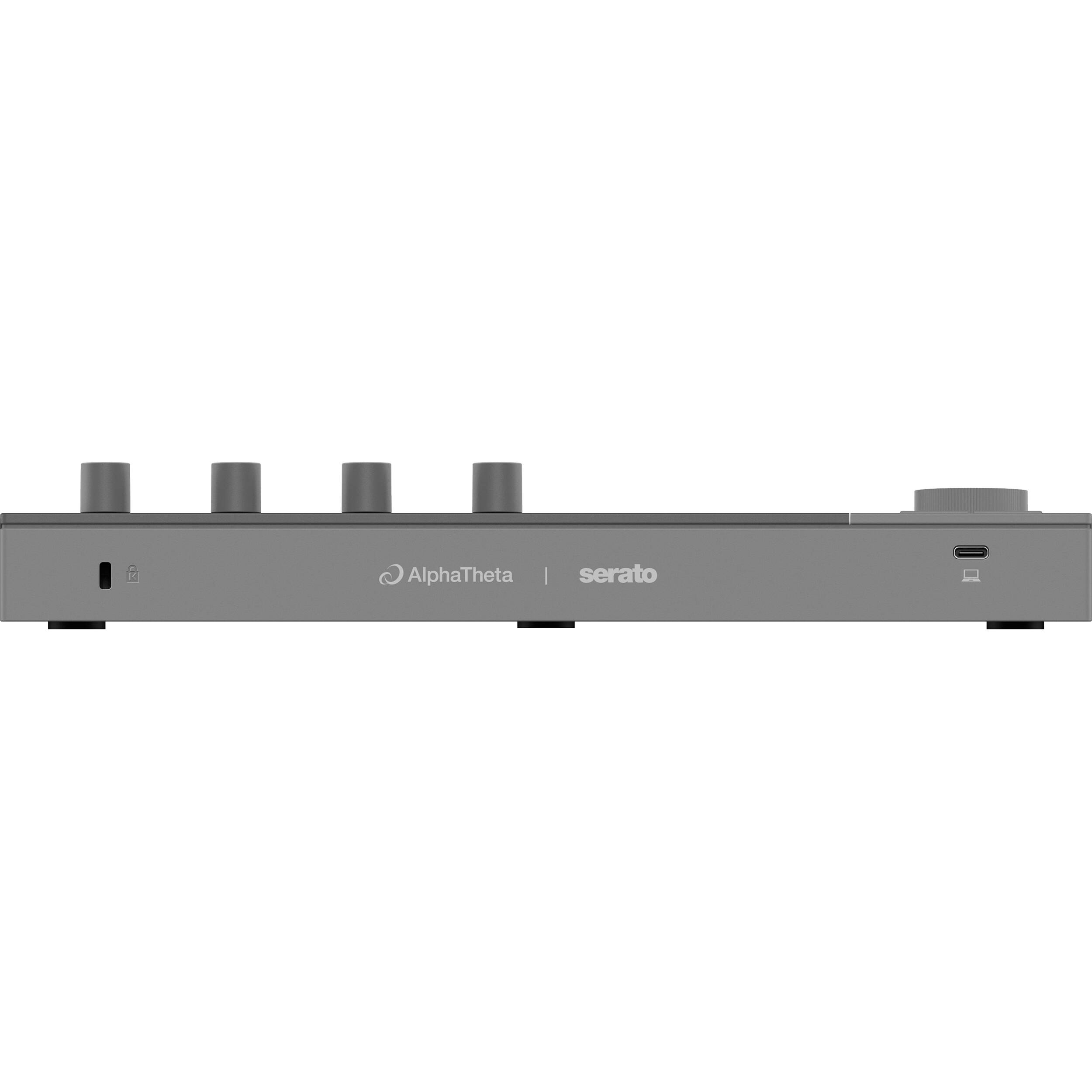 AlphaTheta SLAB MIDI controller with multiple knobs and pads, featuring a sleek black design and illuminated controls.