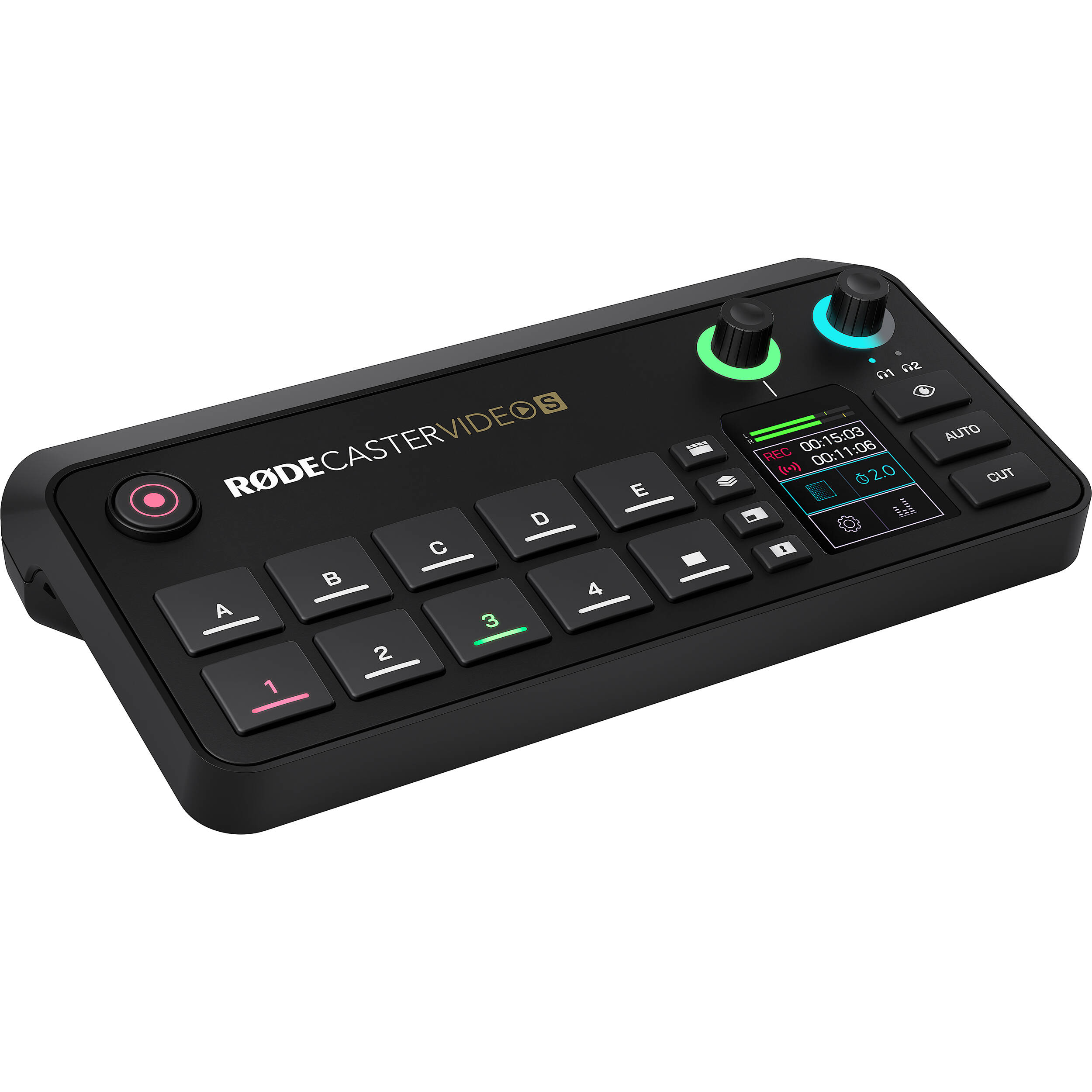 Rode RodeCaster Video S video edit controller with multiple dials, buttons, and a touchscreen interface for professional video editing.