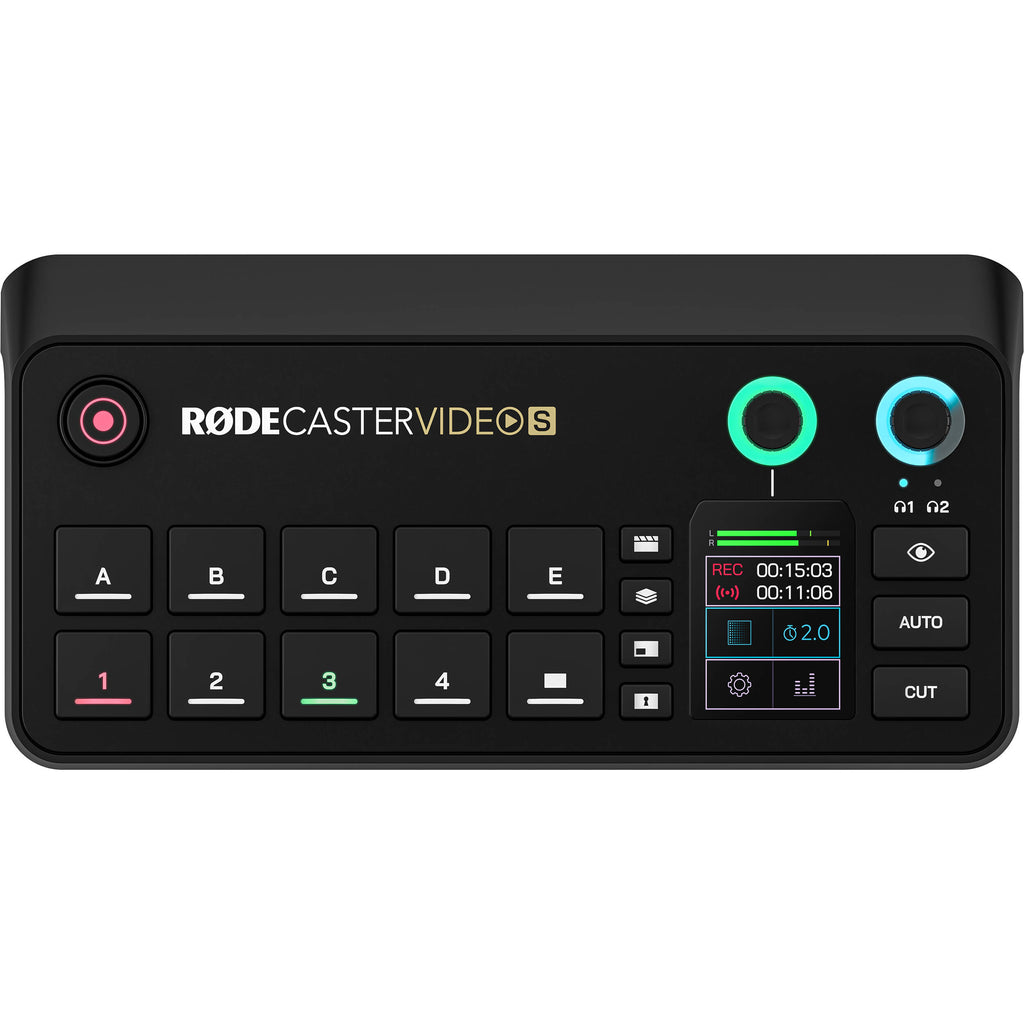 Rode RodeCaster Video S video editing controller with touchscreen, knobs, and buttons for professional content creation.