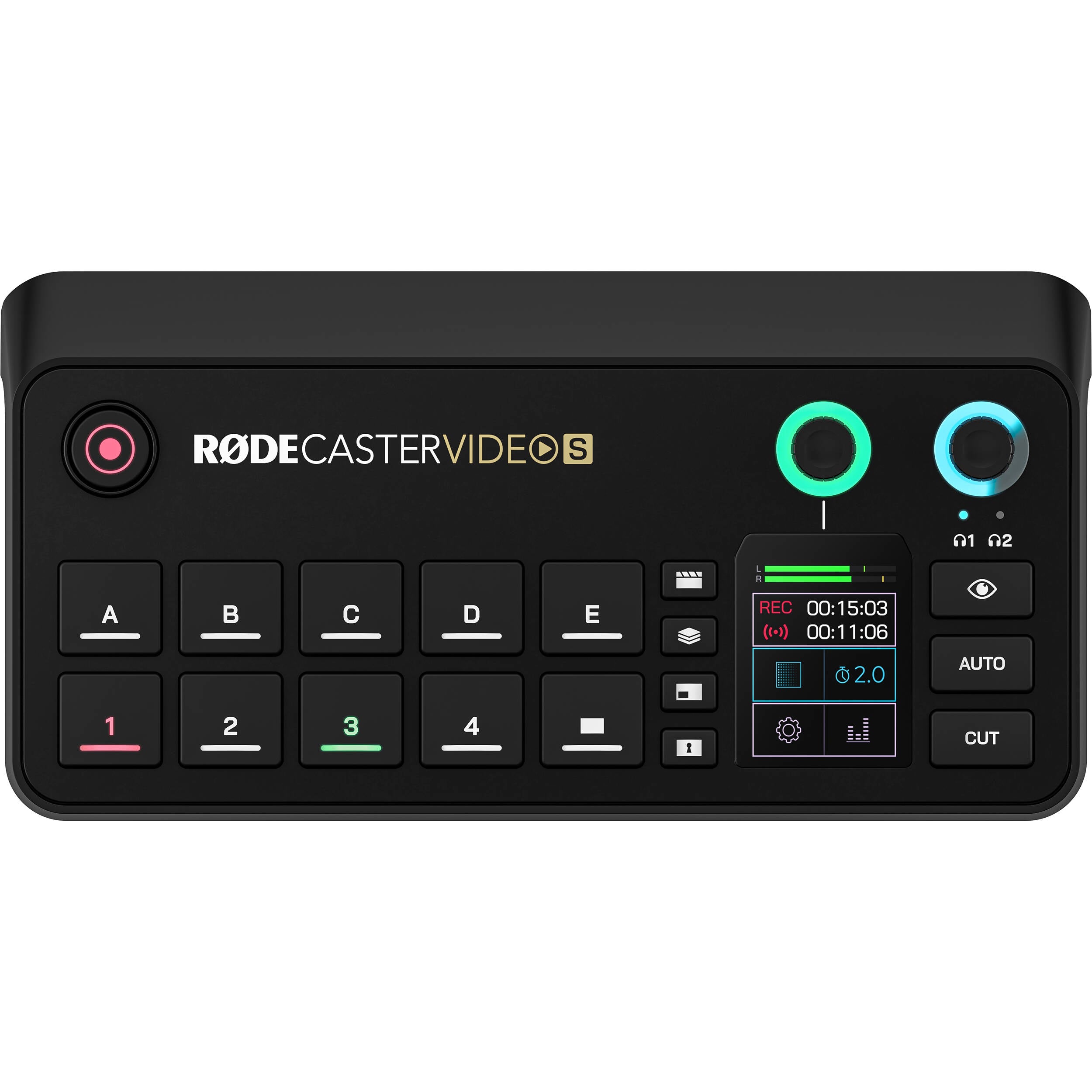 Rode RodeCaster Video S video editing controller with touchscreen, knobs, and buttons for professional content creation.