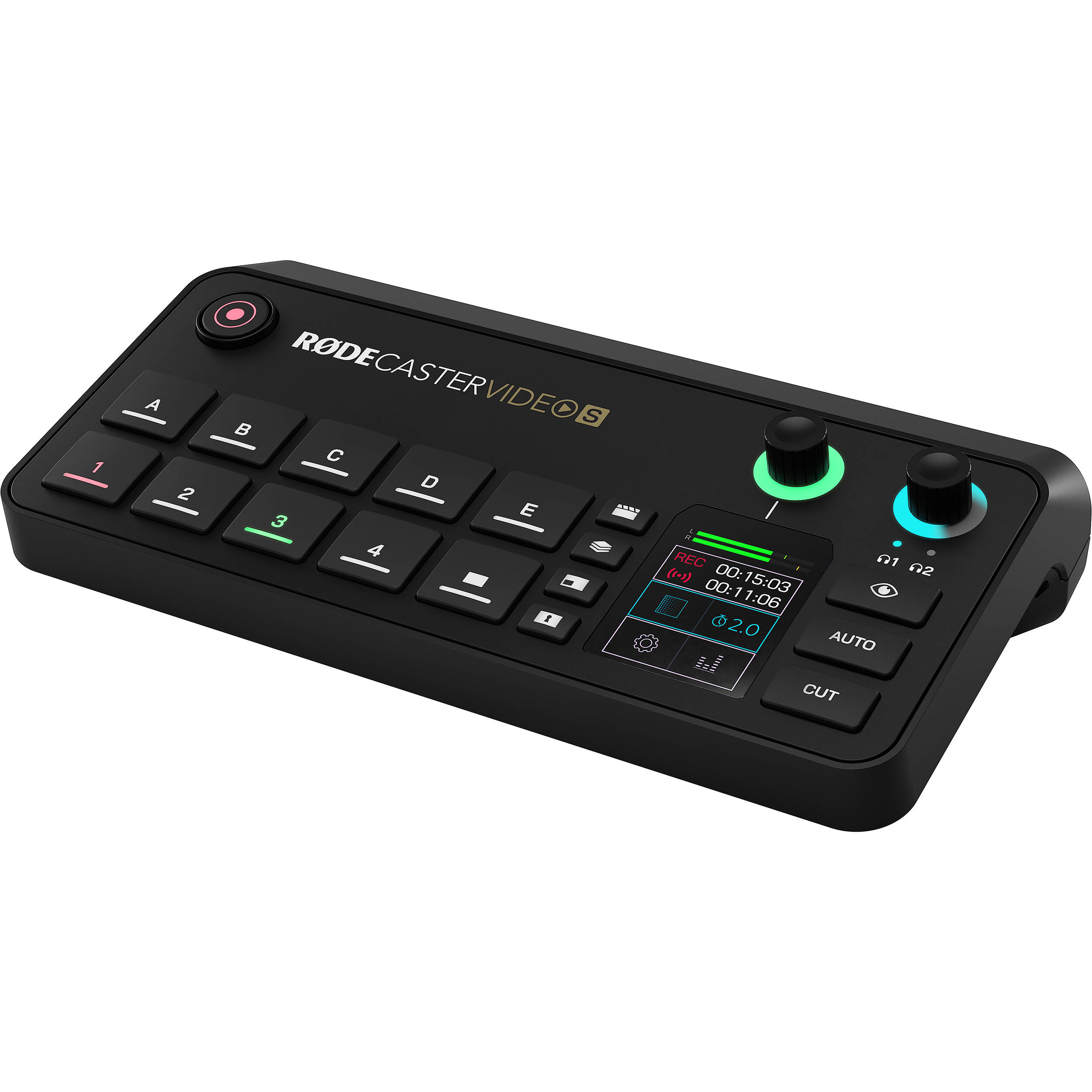 Rode RodeCaster Video S video editing controller with multiple buttons and knobs for audio and video mixing.
