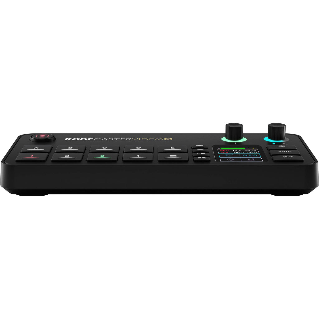 Rode RodeCaster Video S video edit controller with multiple buttons, dials, and ports for professional media production.