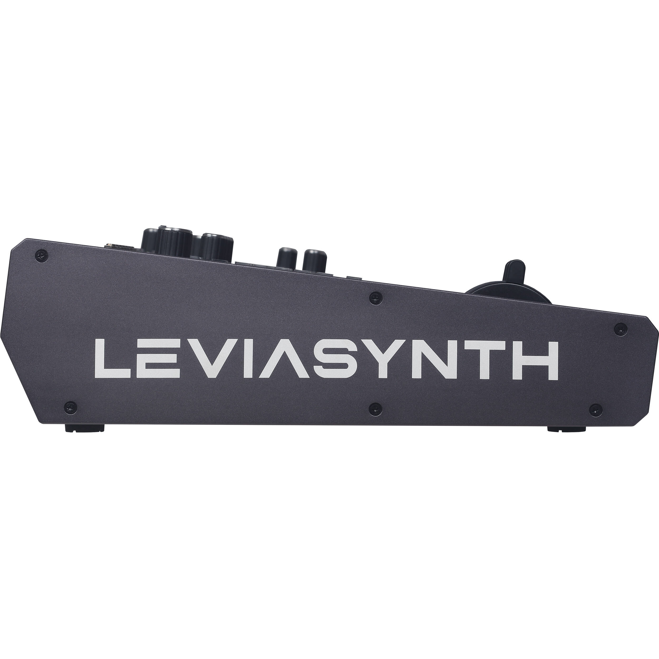 ASM Leviasynth keyboard synthesizer with black and gray keys, featuring control knobs and a sleek design.