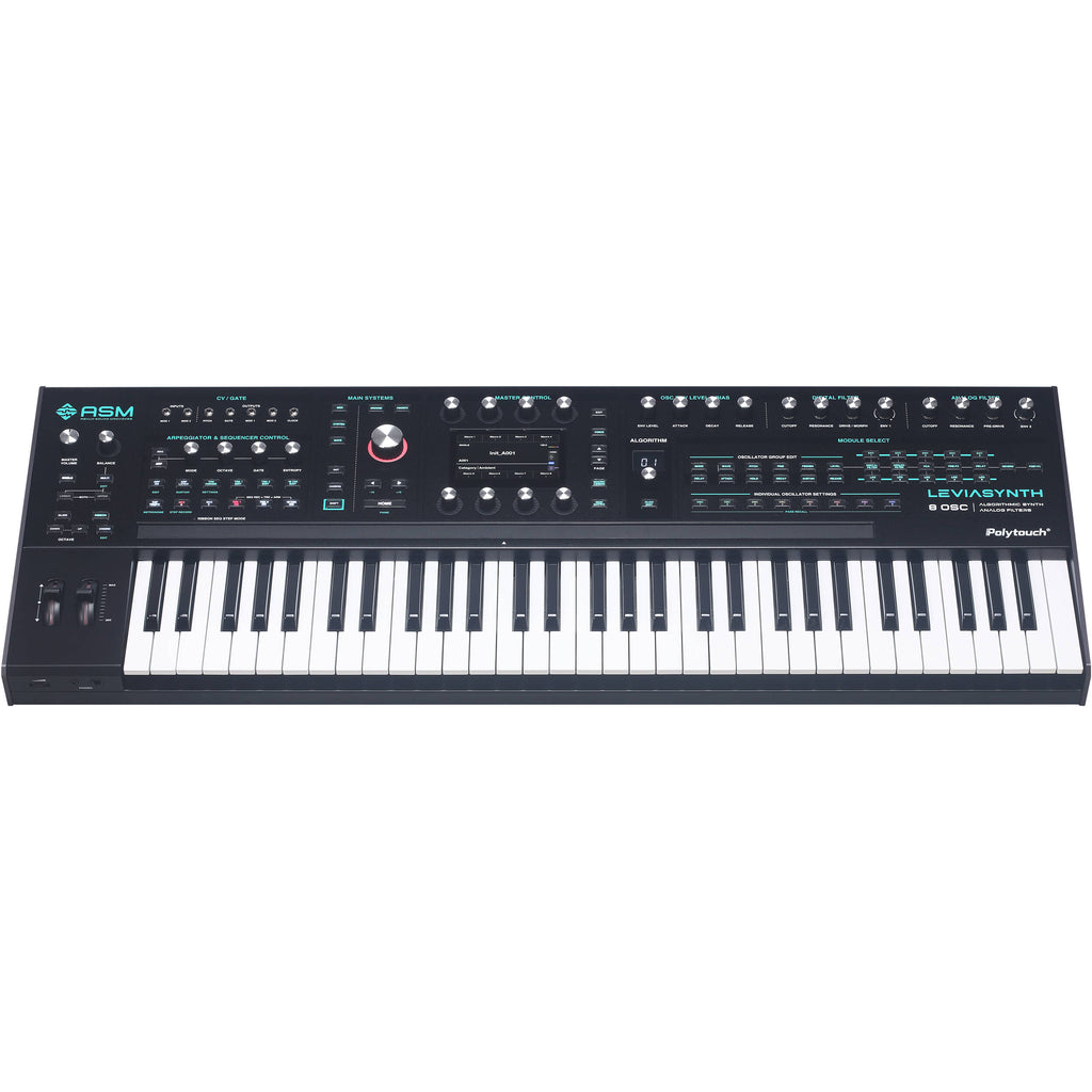 ASM Leviasynth keyboard synthesizer with black keys and control knobs, versatile electronic instrument for music production.