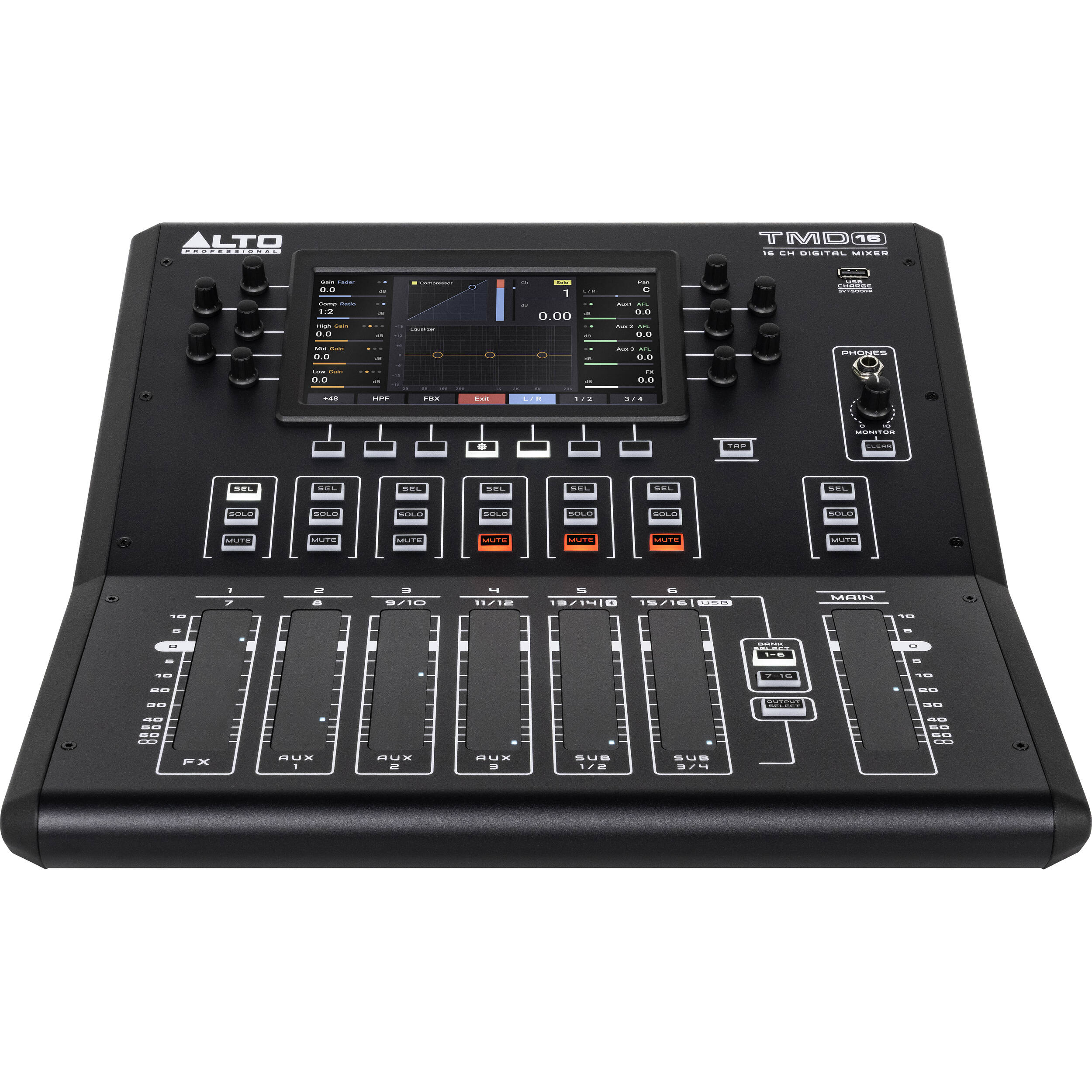 Alto Professional TMD16 digital mixer with multiple control knobs and input channels for live sound and audio mixing.