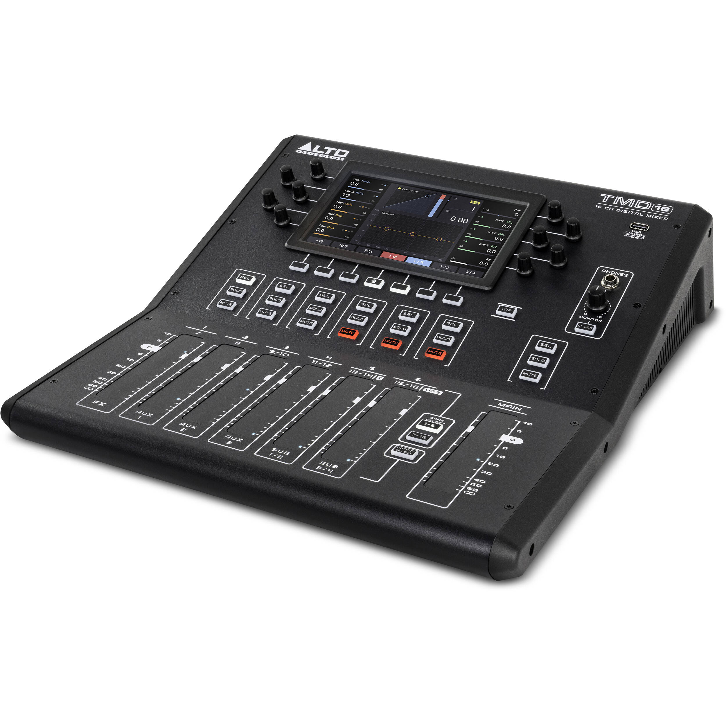 Alto Professional TMD16 digital mixer with multiple control knobs and input channels, showing a compact, professional audio mixing device.