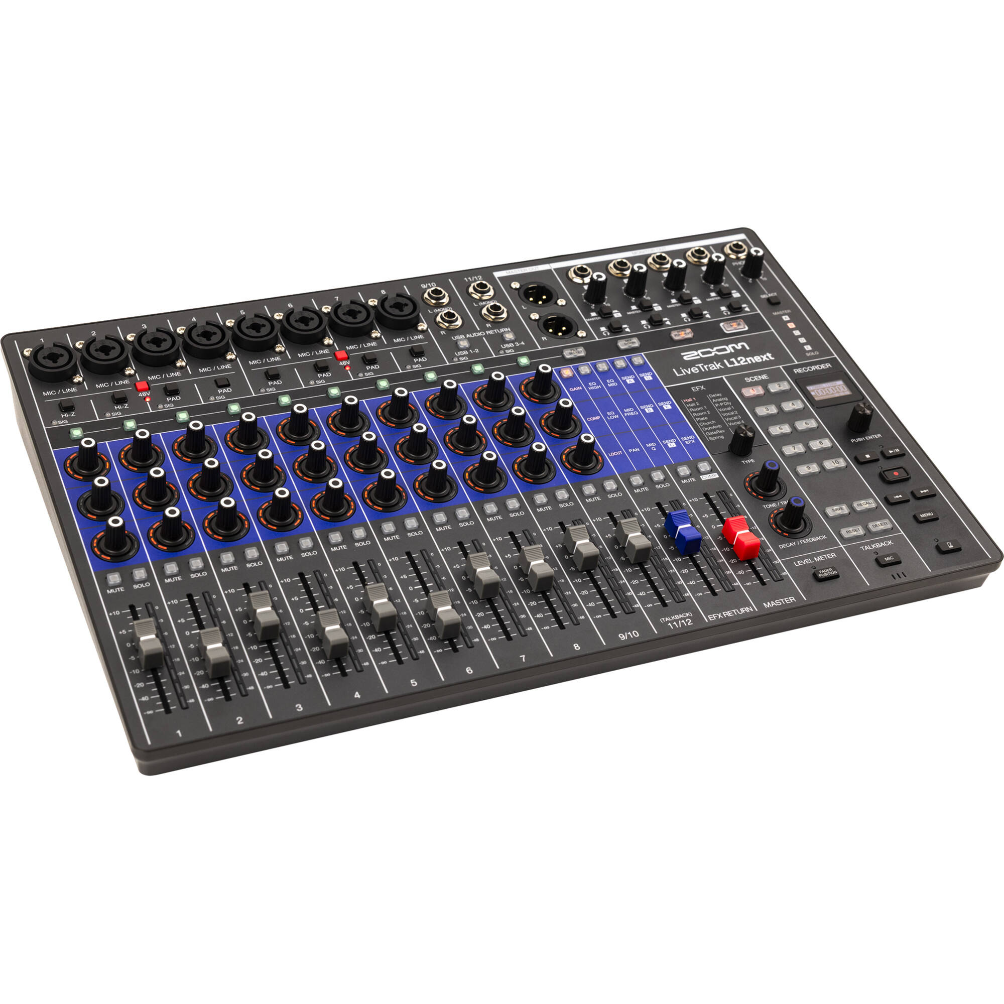 Zoom LiveTrak L12next digital mixer with multiple channels, knobs, and input jacks, shown on a table with connected cables.